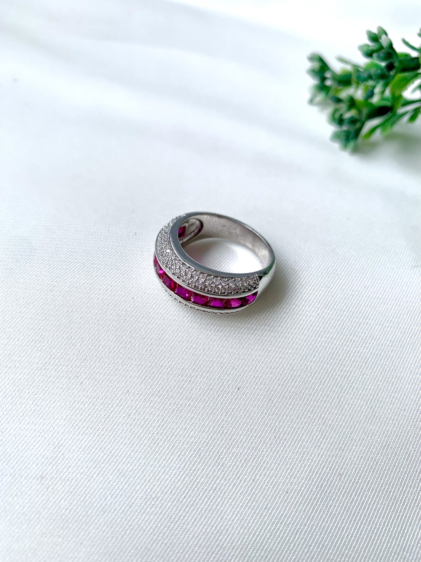 Amira Rouge Ring from Zamal Jewels featuring ruby stones and American Diamonds in rhodium finish