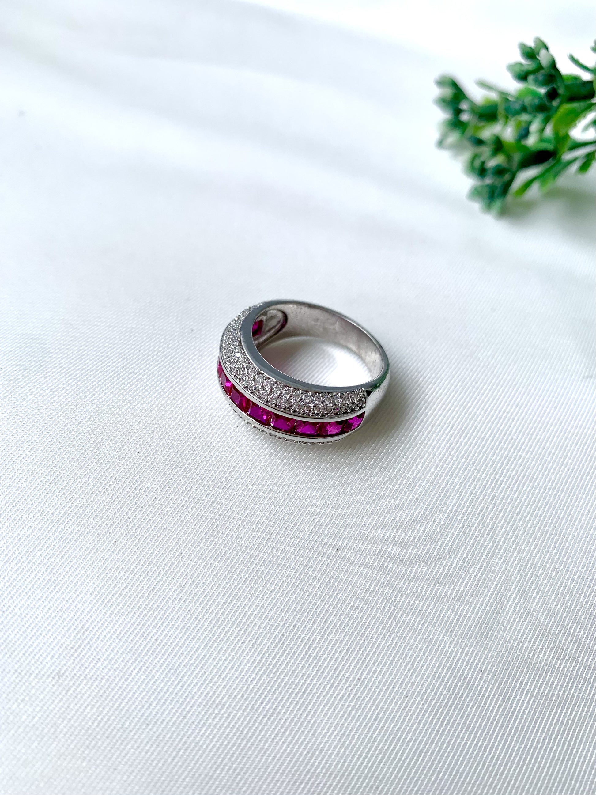 Amira Rouge Ring from Zamal Jewels featuring ruby stones and American Diamonds in rhodium finish