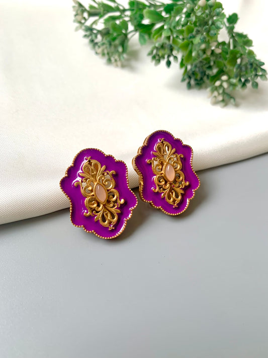 Handcrafted Anisa Studs in purple meena with Polki Kundan and natural gemstones