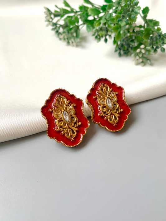 Handcrafted Anisa Studs in rich red Meena enamel with 22kt gold plating and Polki Kundan detail, by Zamal Jewels.