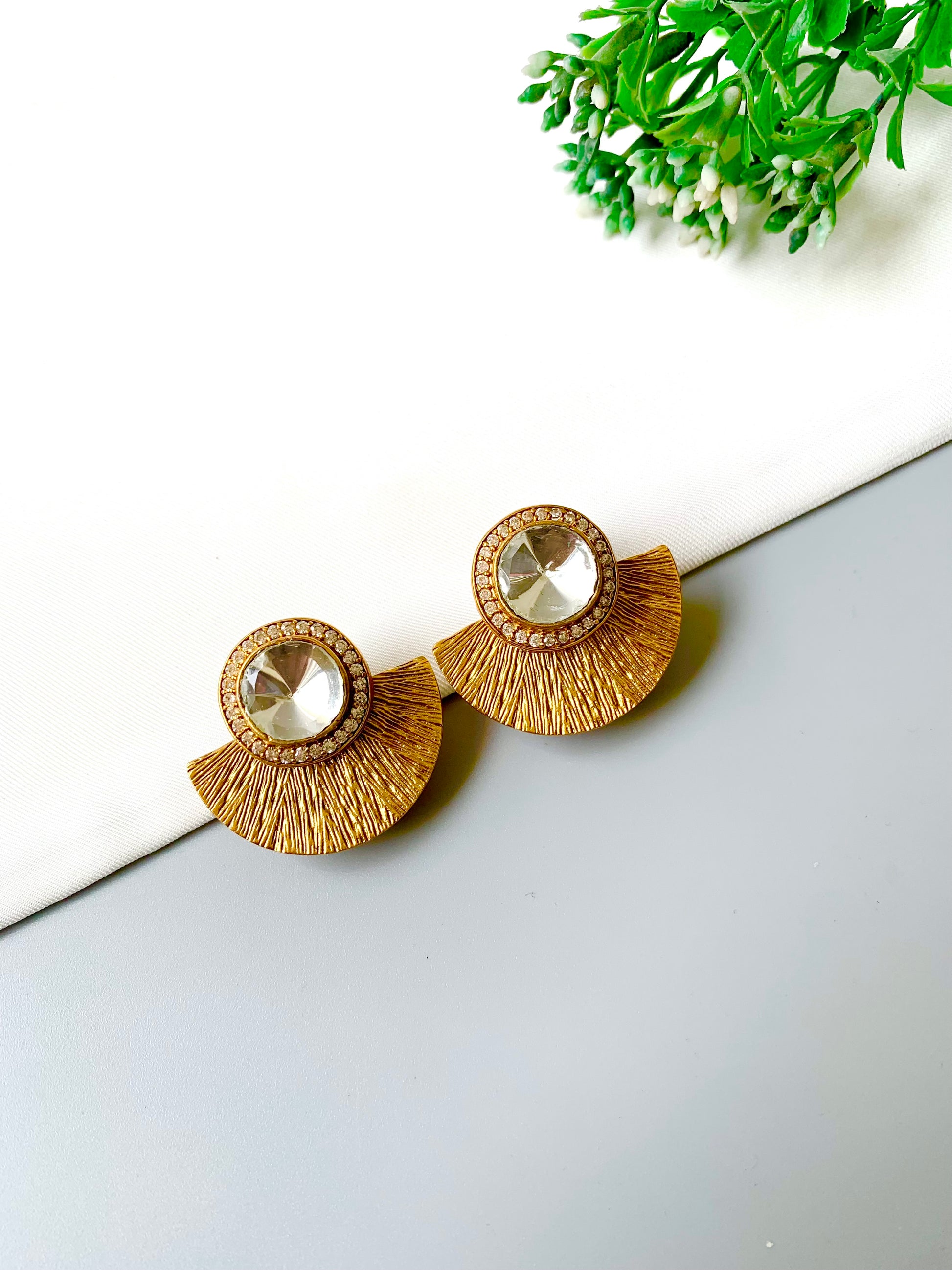 Anvitha handcrafted 22kt gold plated studs with moissanite kundan and American diamonds