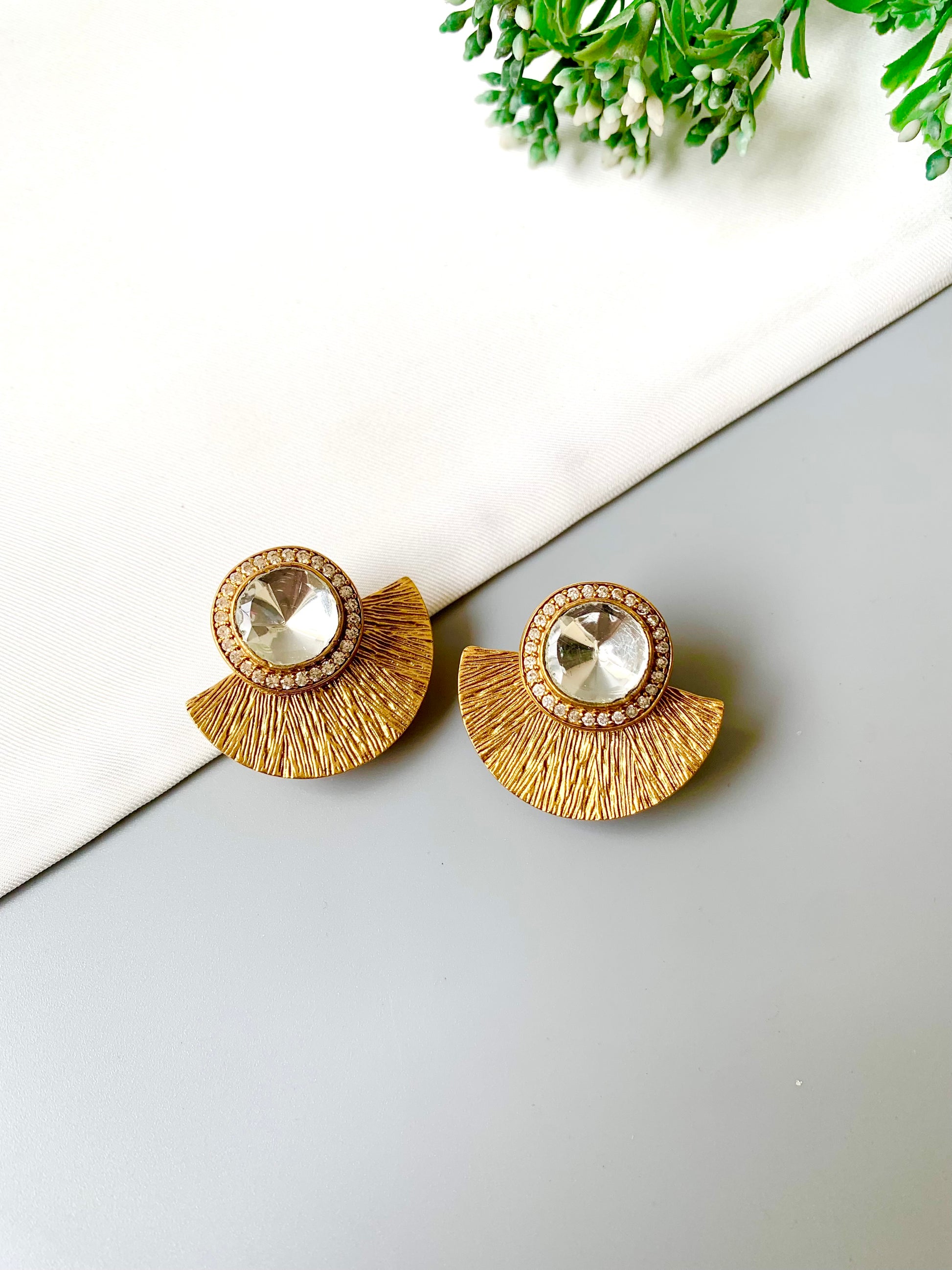 Anvitha handcrafted 22kt gold plated studs with moissanite kundan and American diamonds