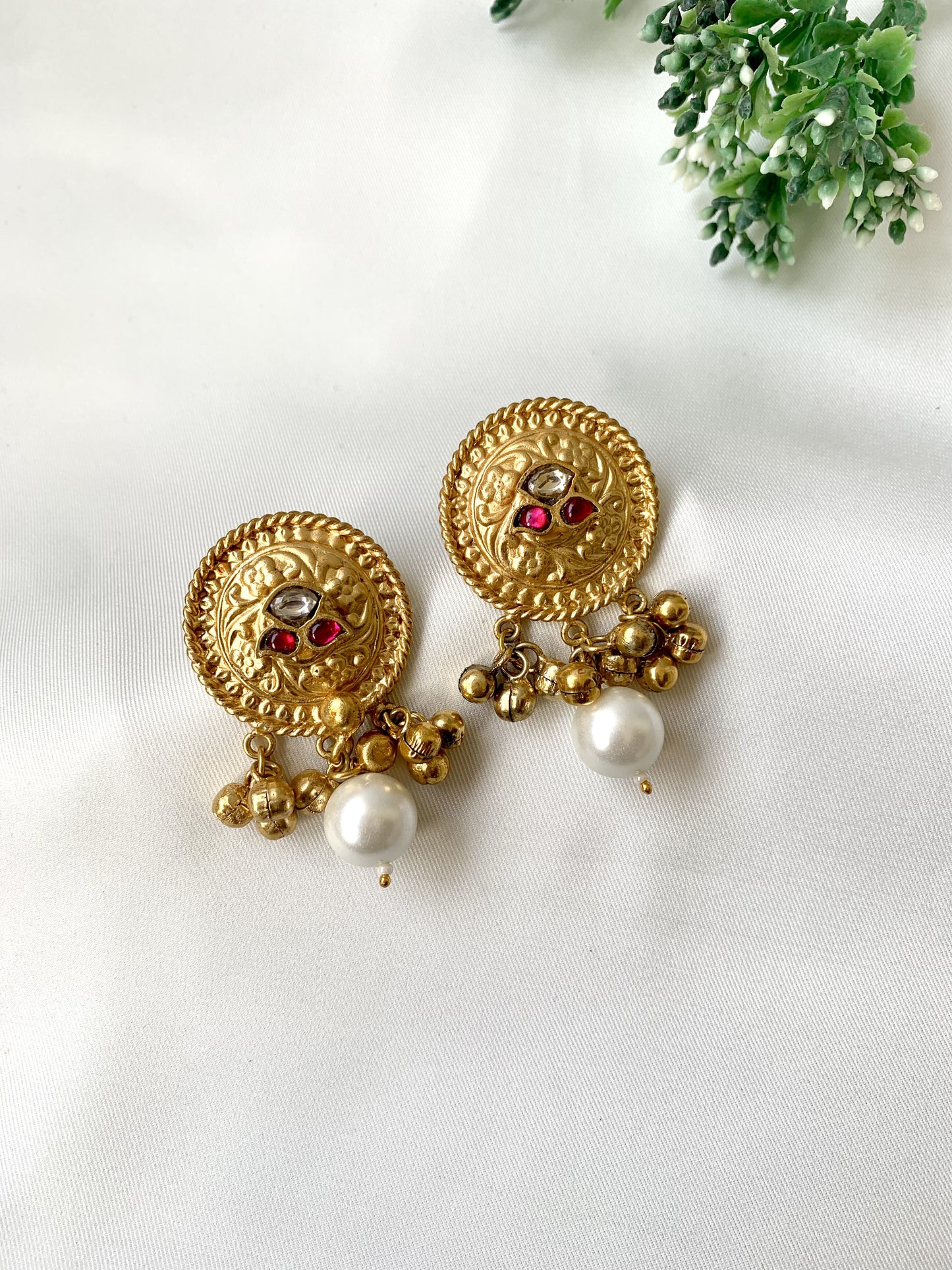 Hand crafted Areej earrings in 22kt gold plating with Polki Kundan, kemp ruby stones and pearls