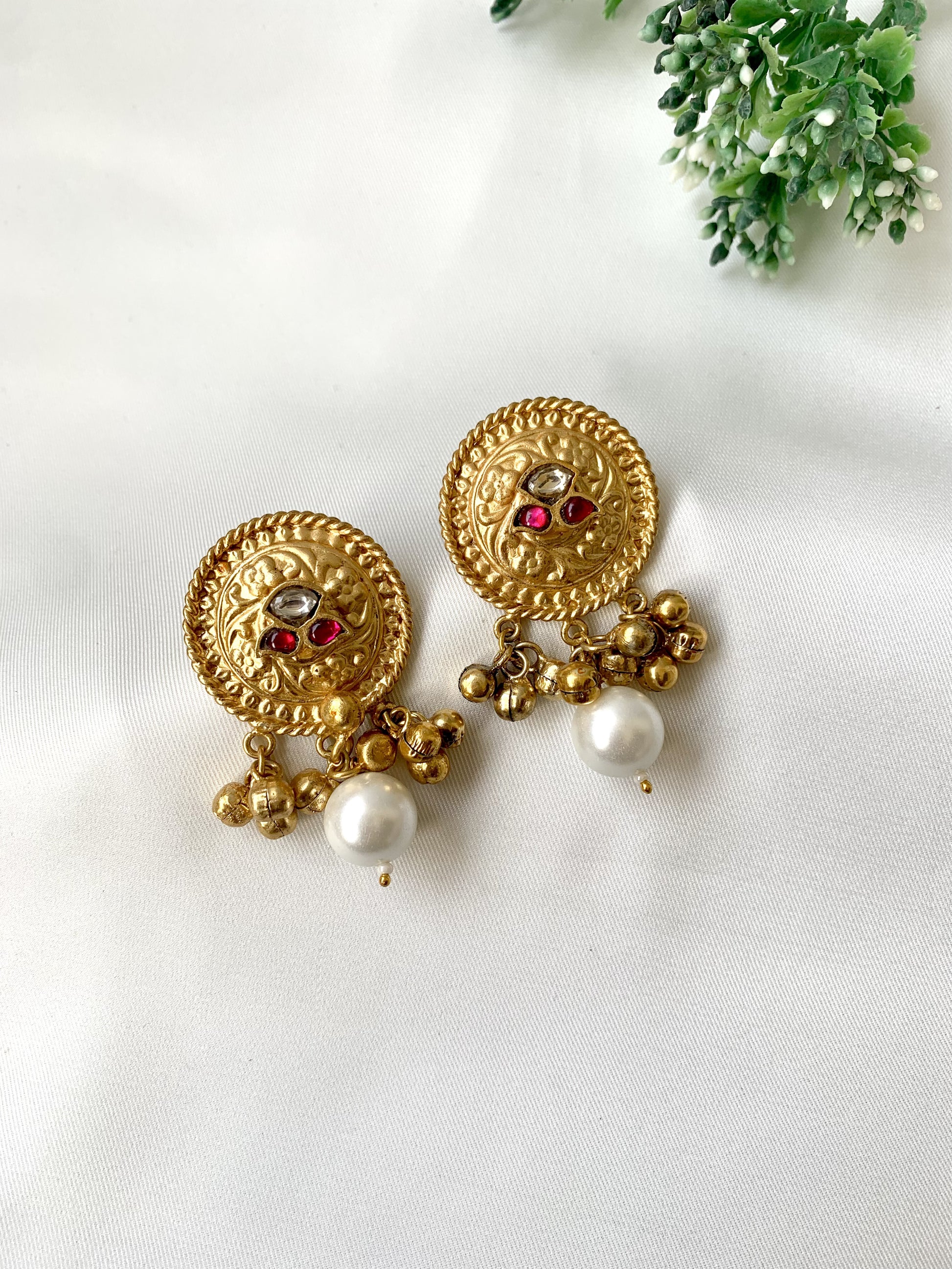 Hand crafted Areej earrings in 22kt gold plating with Polki Kundan, kemp ruby stones and pearls