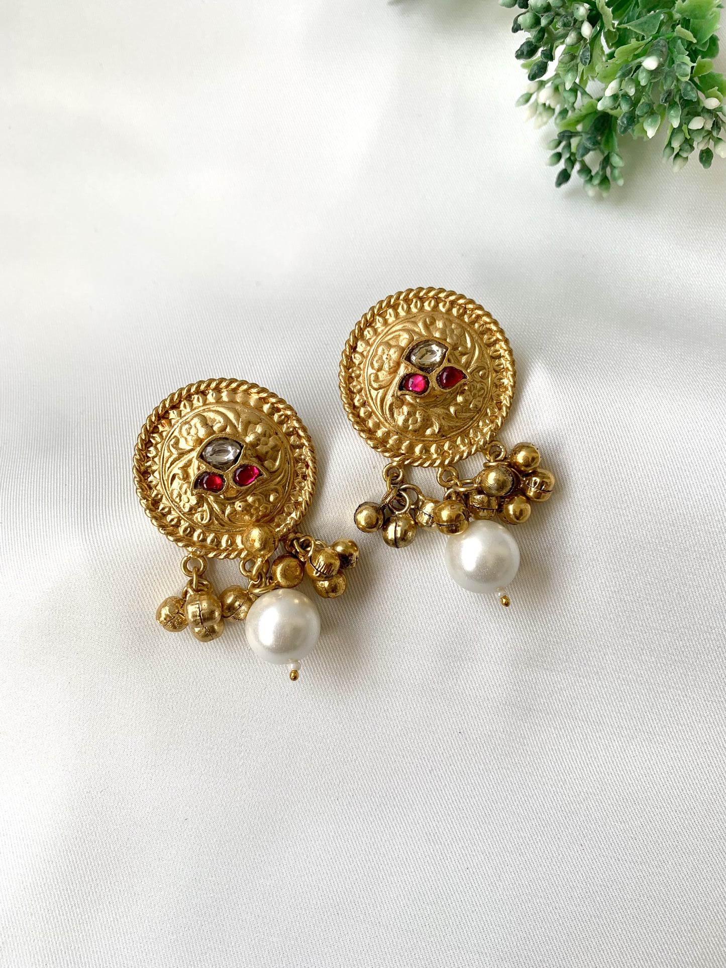 Hand crafted Areej earrings in 22kt gold plating with Polki Kundan, kemp ruby stones and pearls