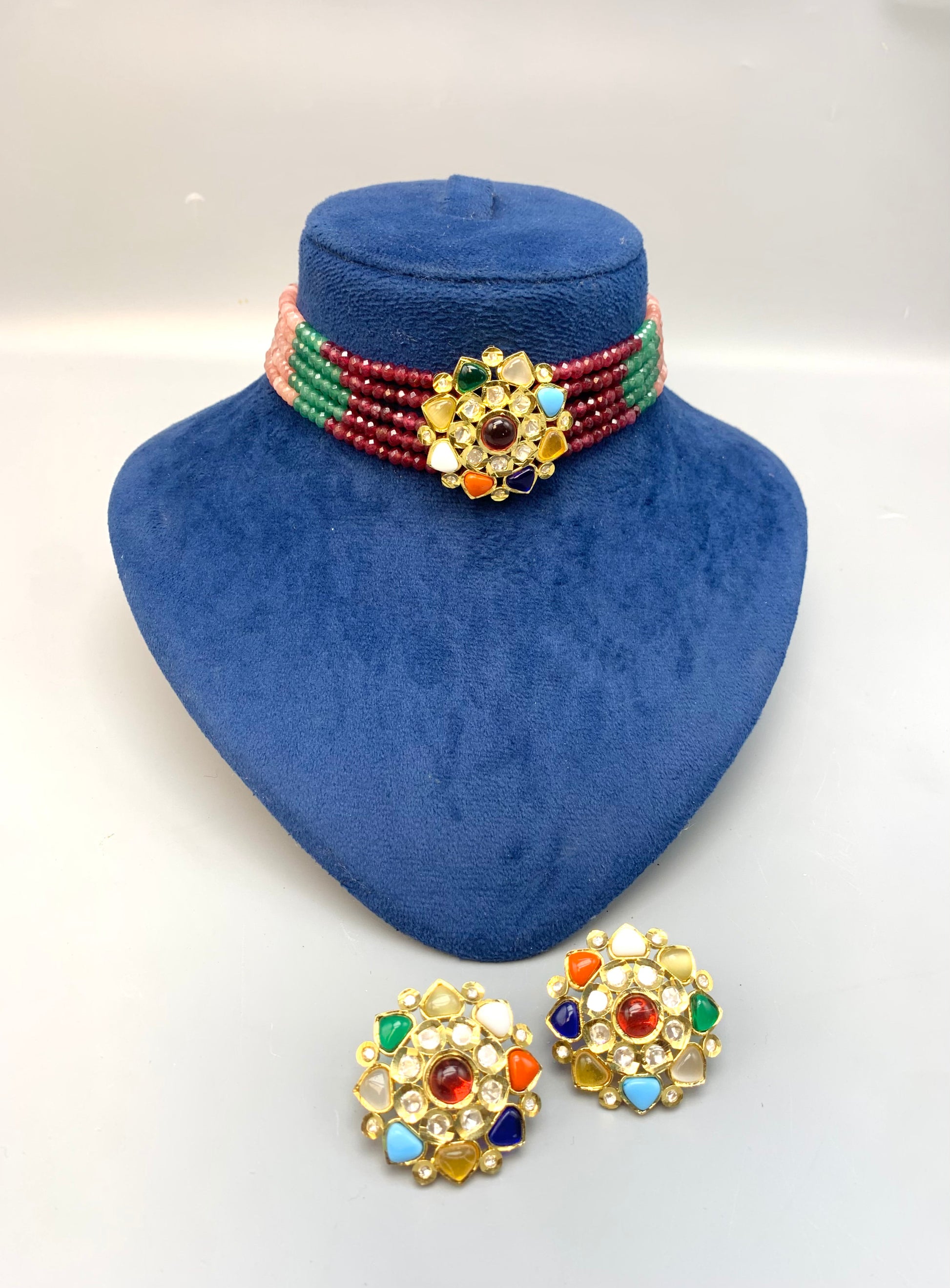 Asiya signature 22kt gold plated choker set with polki kundan nauratan feroza ruby emerald and onyx stones