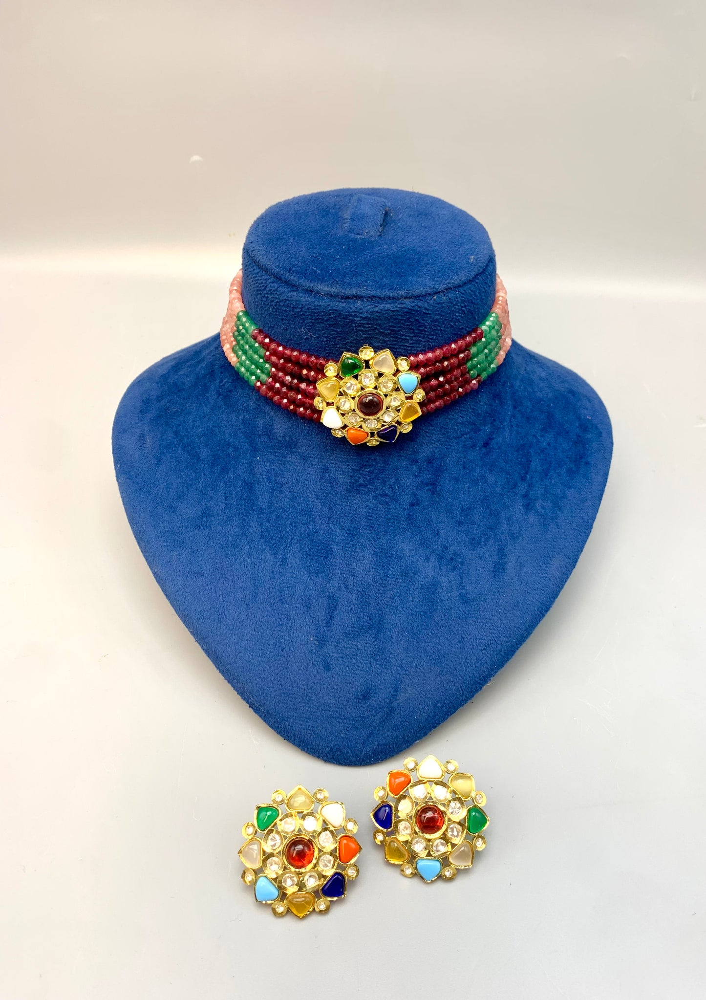Asiya signature 22kt gold plated choker set with polki kundan nauratan feroza ruby emerald and onyx stones