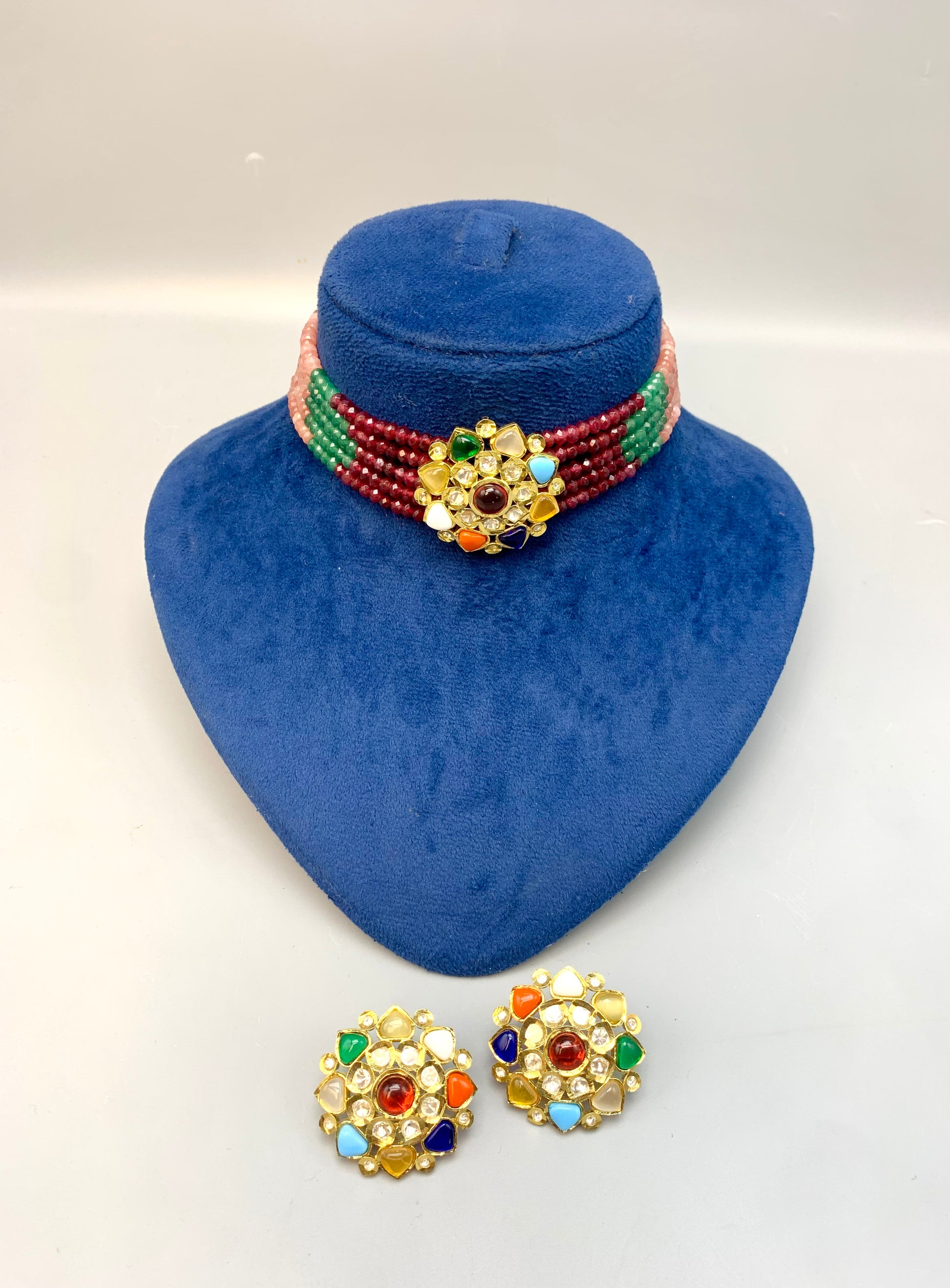 Asiya signature 22kt gold plated choker set with polki kundan nauratan feroza ruby emerald and onyx stones