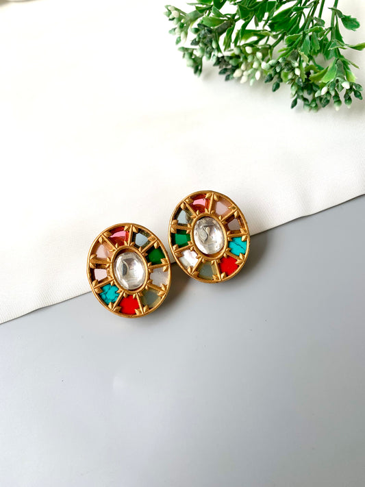 Front view of Asmita Multi earrings with colorful semi-precious stones and central Polki Kundan in Victorian gold.