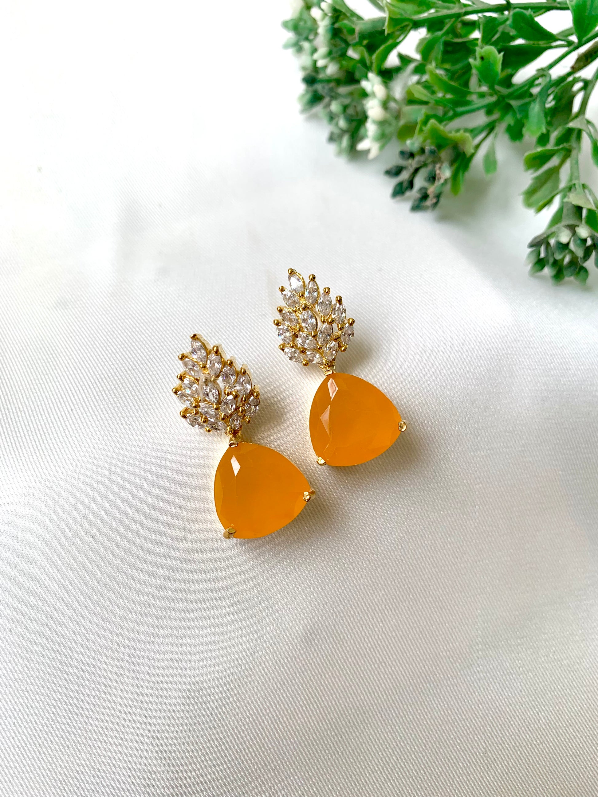 Auraya Drop Earrings in 22kt gold plating with semi-precious citrine and American Diamond