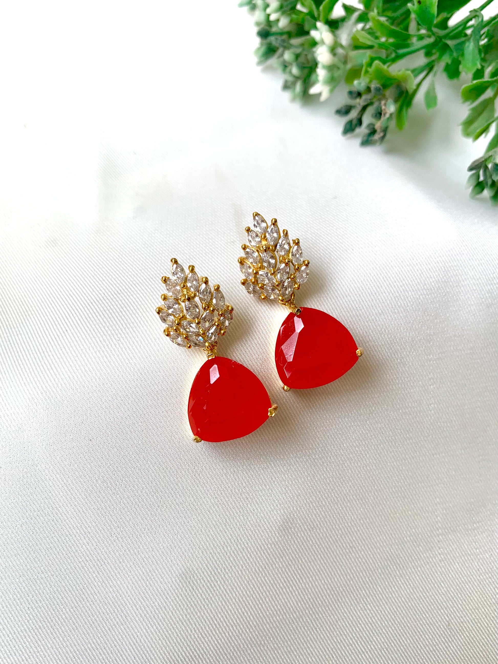 Red coral teardrop earrings with American Diamonds – Zamal Jewels