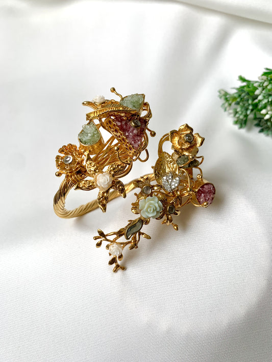 Handcrafted 22kt gold plated openable bangle with Kundan, American Diamonds, and semi-precious natural gemstones, fits sizes 2.6 and 2.8