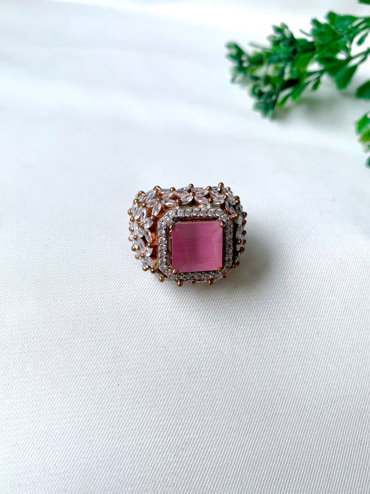 Aurora Rosé Ring by Zamal Jewels in oxidized rose gold finish with pink Onyx and American Diamonds