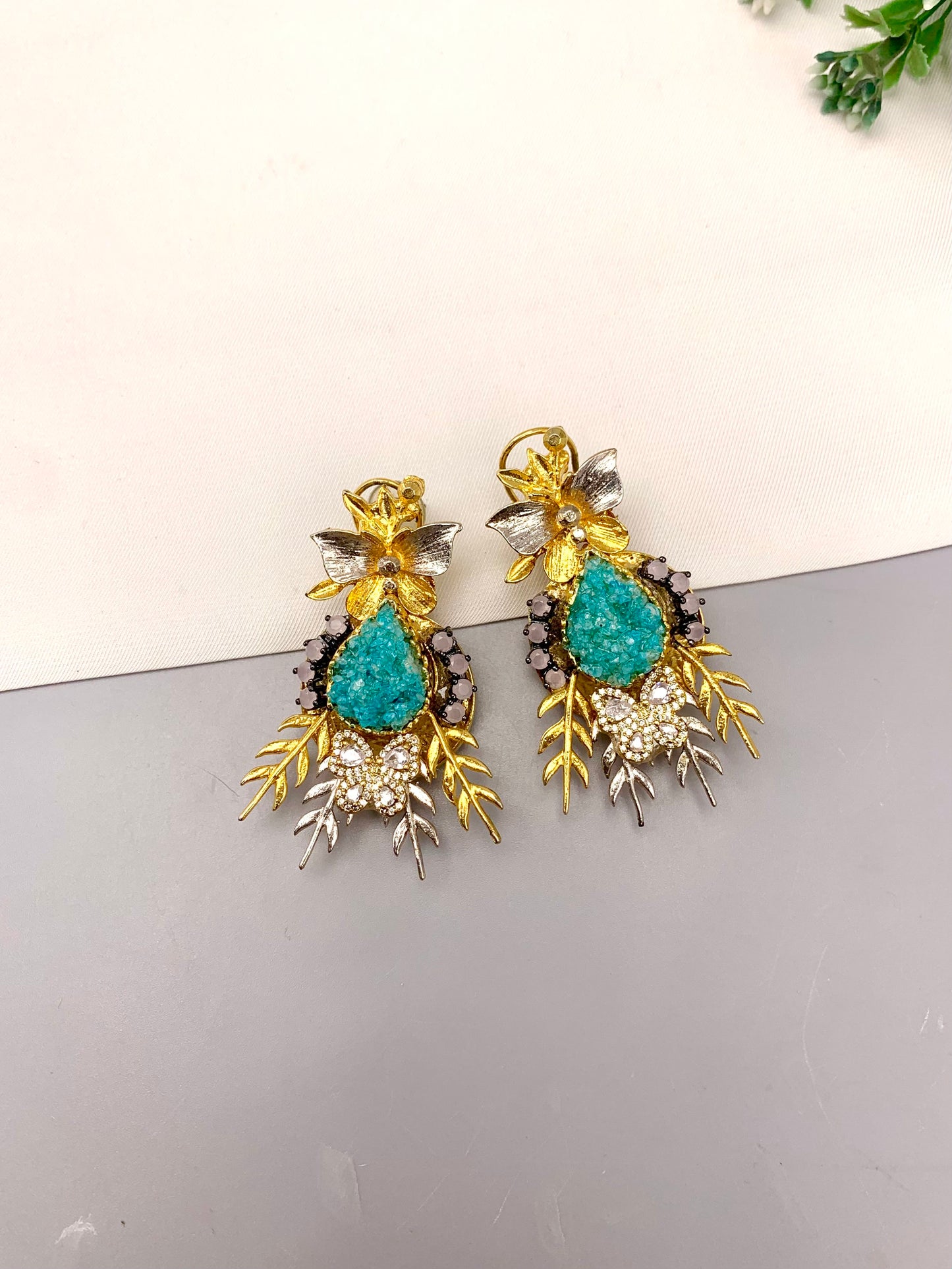 Ayma handcrafted 22kt gold plated earrings featuring American Diamonds and semi-precious natural gemstones