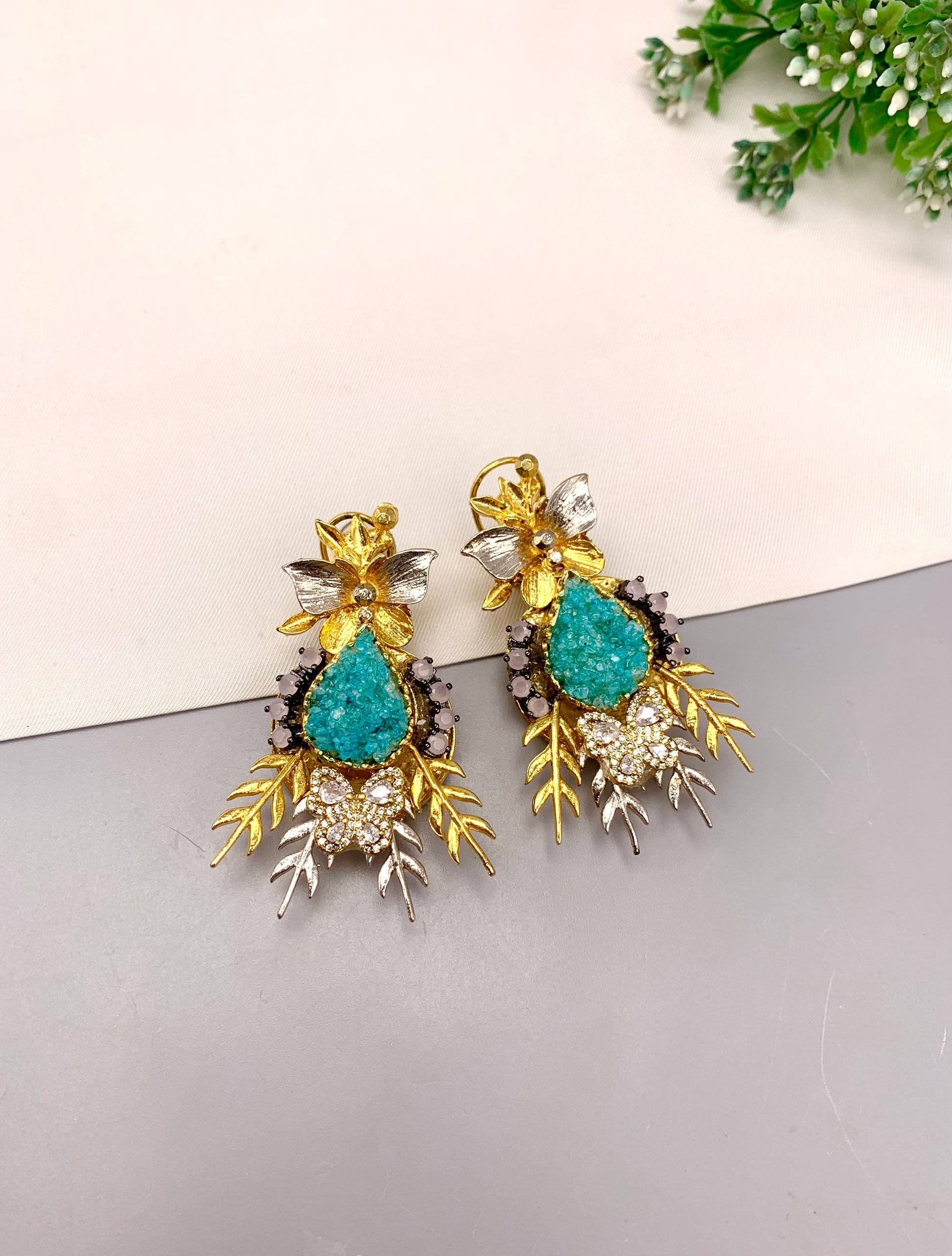 Ayma handcrafted 22kt gold plated earrings featuring American Diamonds and semi-precious natural gemstones