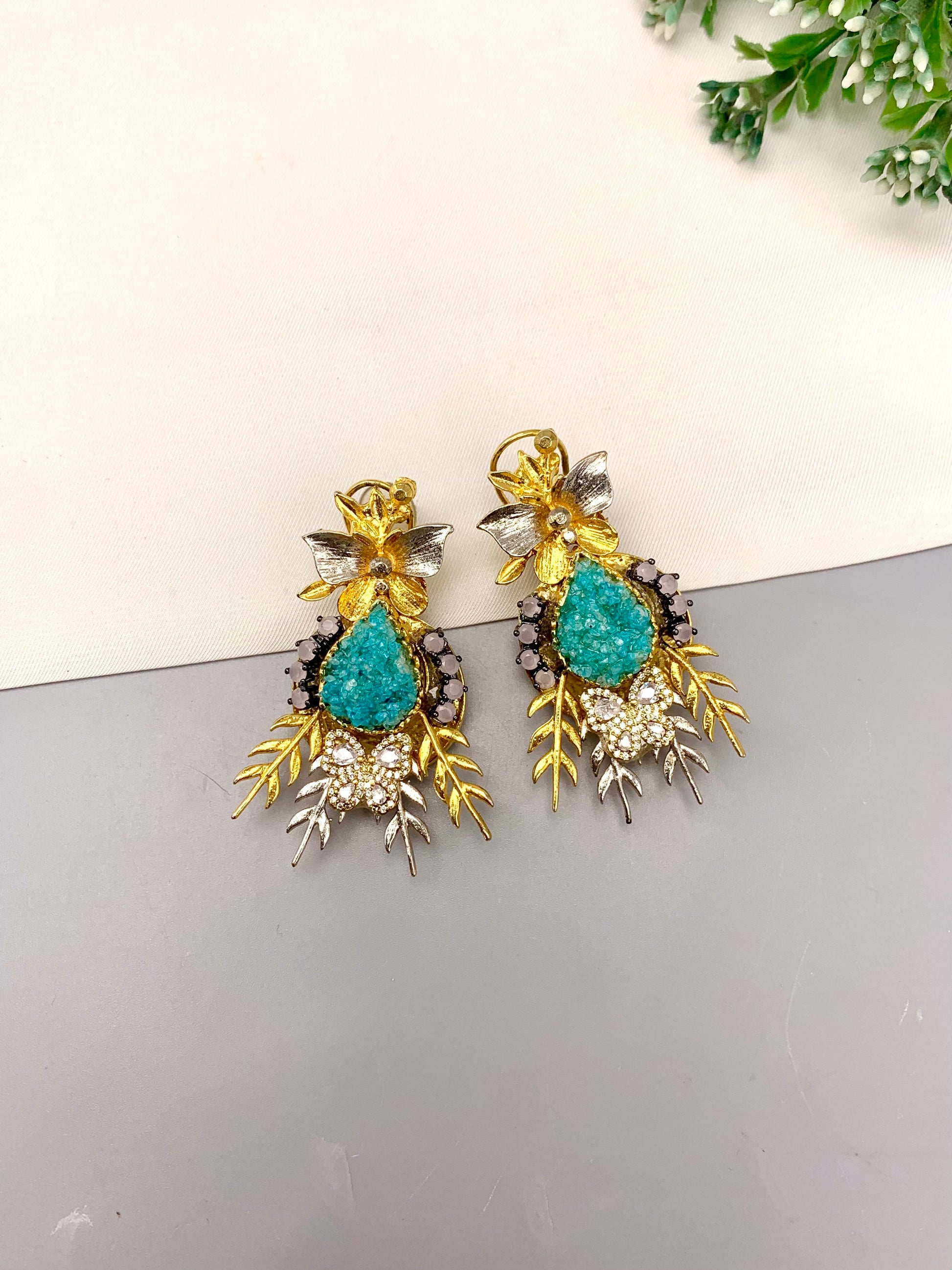 Ayma handcrafted 22kt gold plated earrings featuring American Diamonds and semi-precious natural gemstones