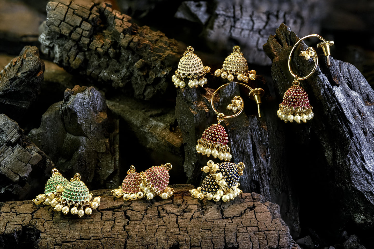 Baila 5-in-1 Changeable Jhumki Set with hand-painted Meena jhumkas and 22kt gold plated hoop by Zamal Jewels