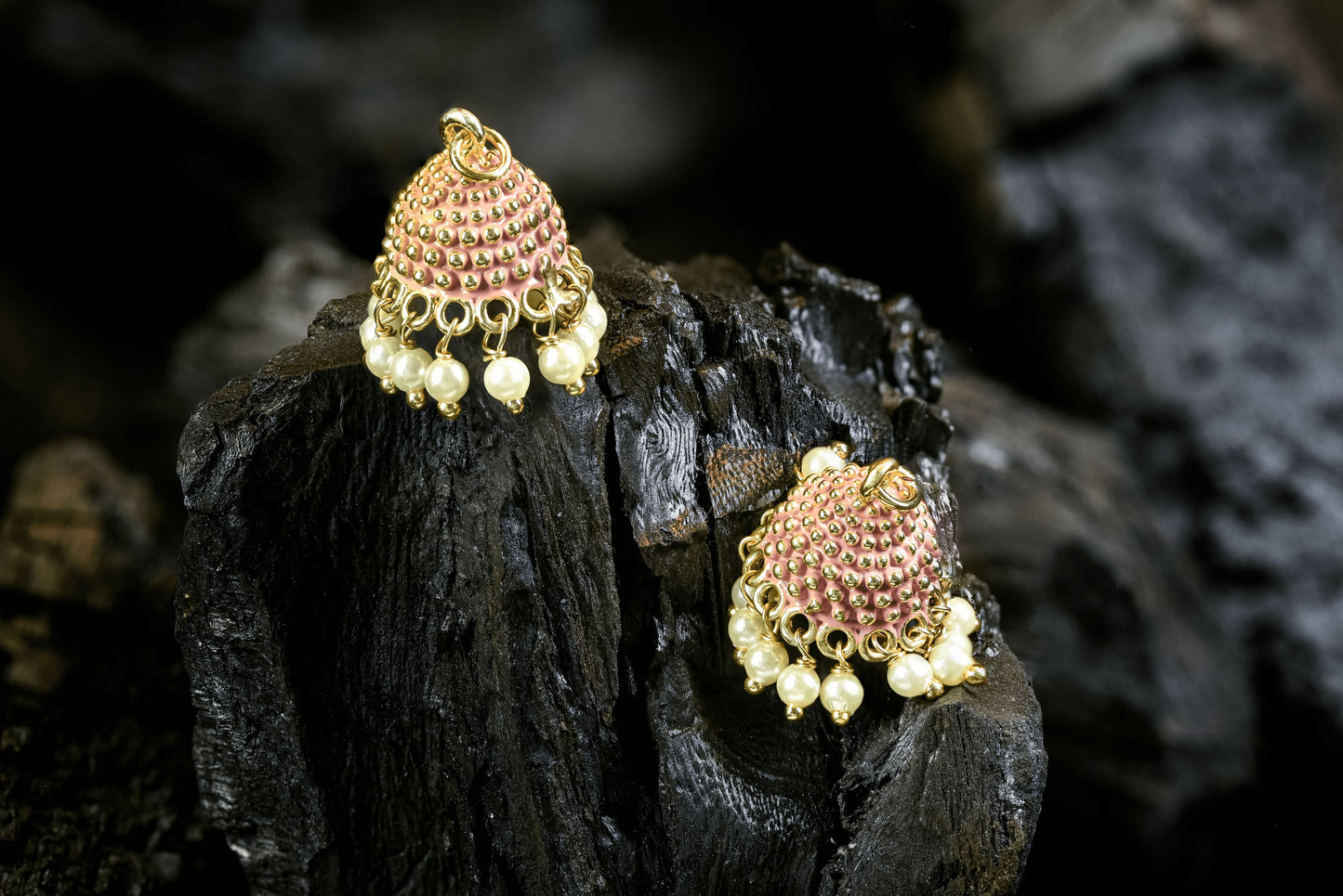 Hand-painted baby pink Meena dome jhumka with pearl drops from Baila Changeable Jhumki Set by Zamal Jewels