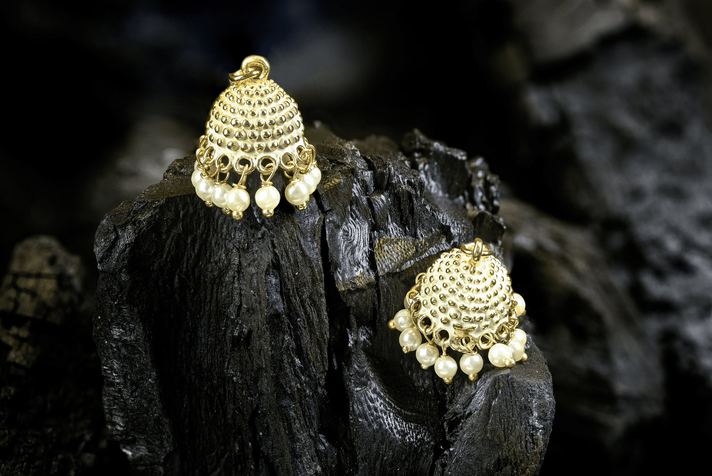 Classic gold Meena dome jhumka with pearl accents from the Baila Changeable Jhumki Set by Zamal Jewels