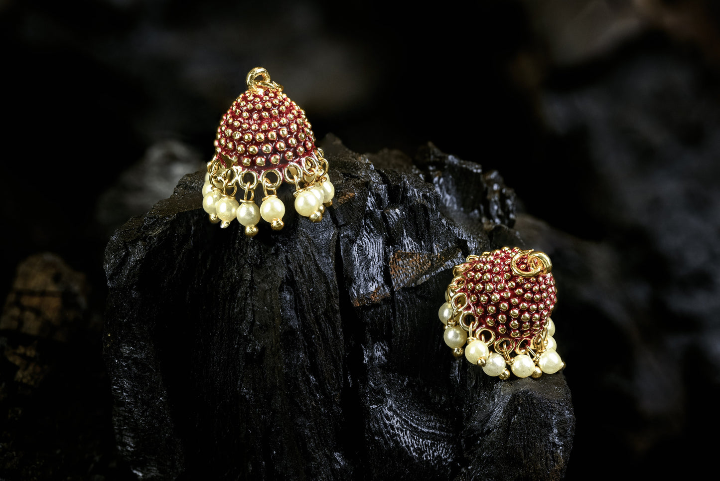 Rich maroon Meena hand-painted dome jhumka with pearl danglings from the Baila 5-in-1 Set by Zamal Jewels