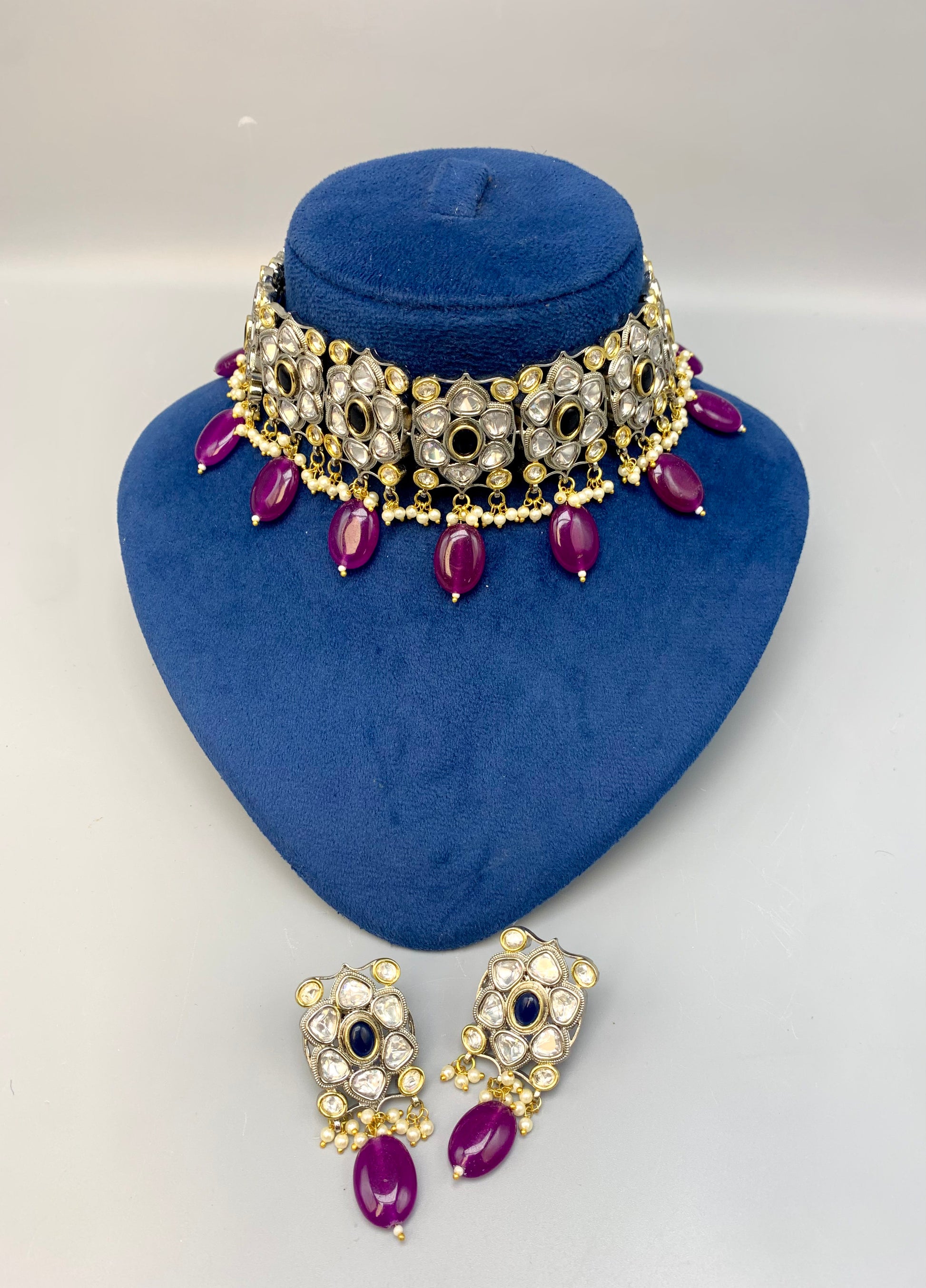 Bilna handcrafted rhodium plated choker set with Polki Kundan, semi-precious amethyst, sapphire and pearls