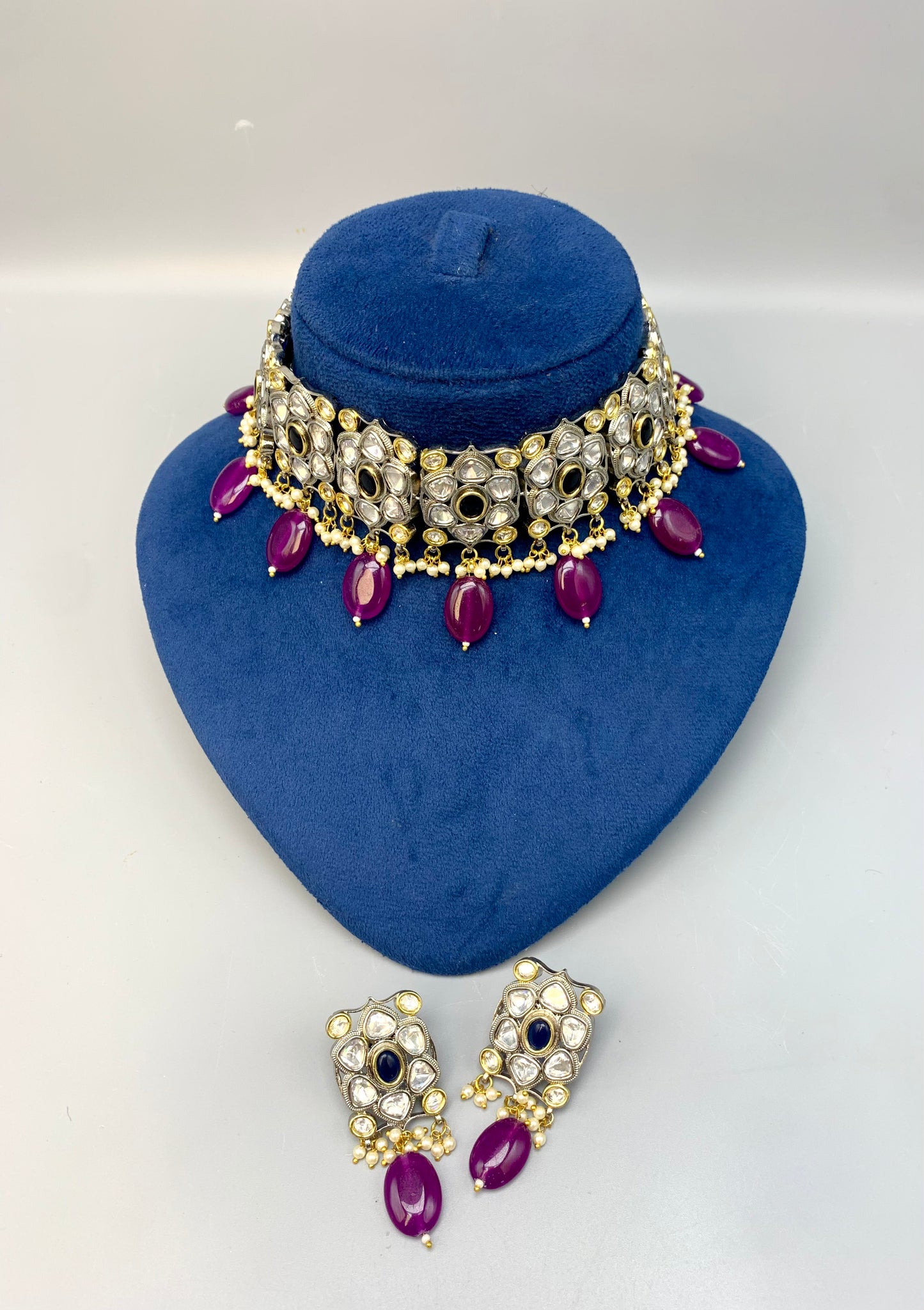 Bilna handcrafted rhodium plated choker set with Polki Kundan, semi-precious amethyst, sapphire and pearls