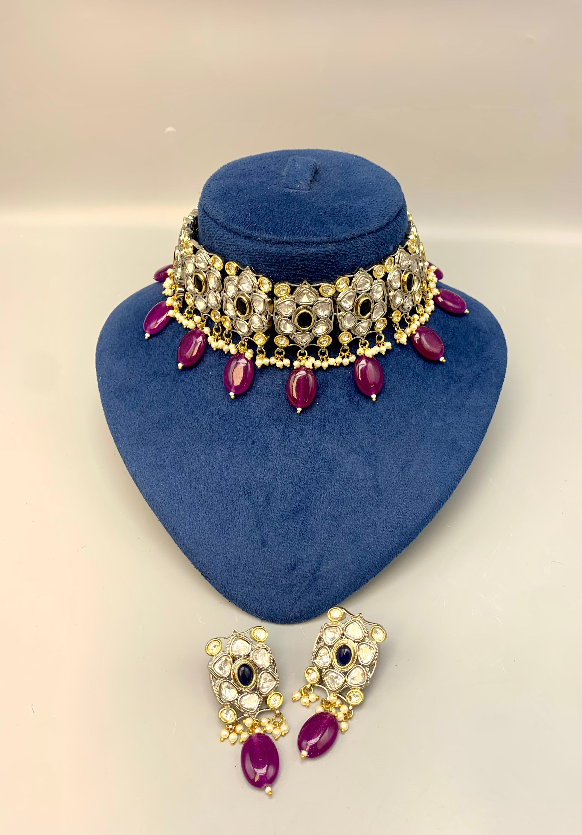 Bilna handcrafted rhodium plated choker set with Polki Kundan, semi-precious amethyst, sapphire and pearls