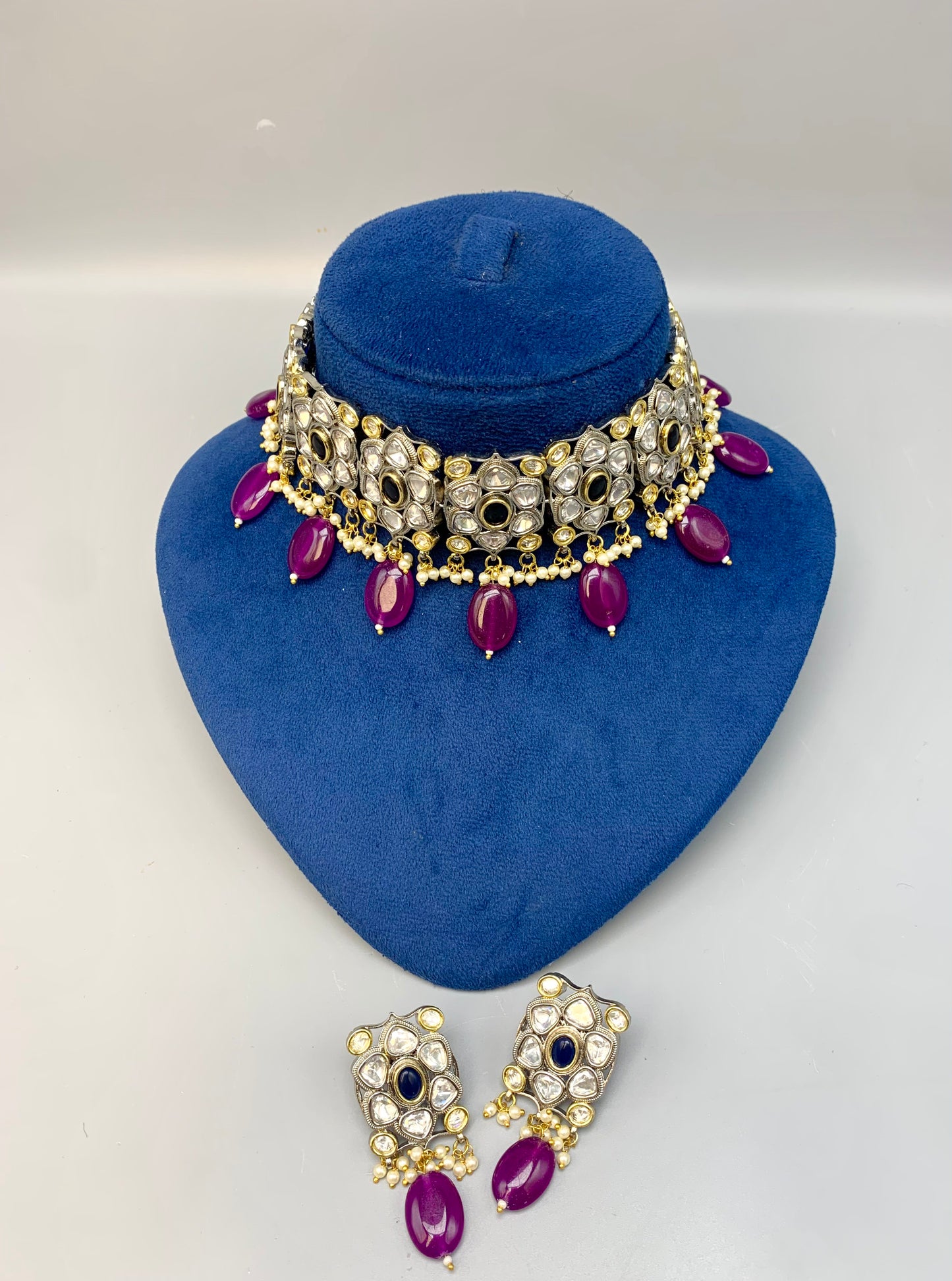 Bilna handcrafted rhodium plated choker set with Polki Kundan, semi-precious amethyst, sapphire and pearls
