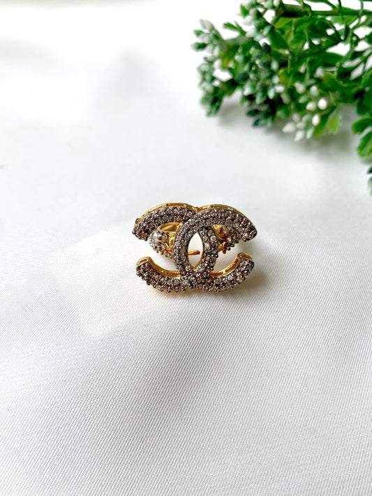 Gold-plated monogram style ring with American Diamonds, adjustable size from Zamal Jewels