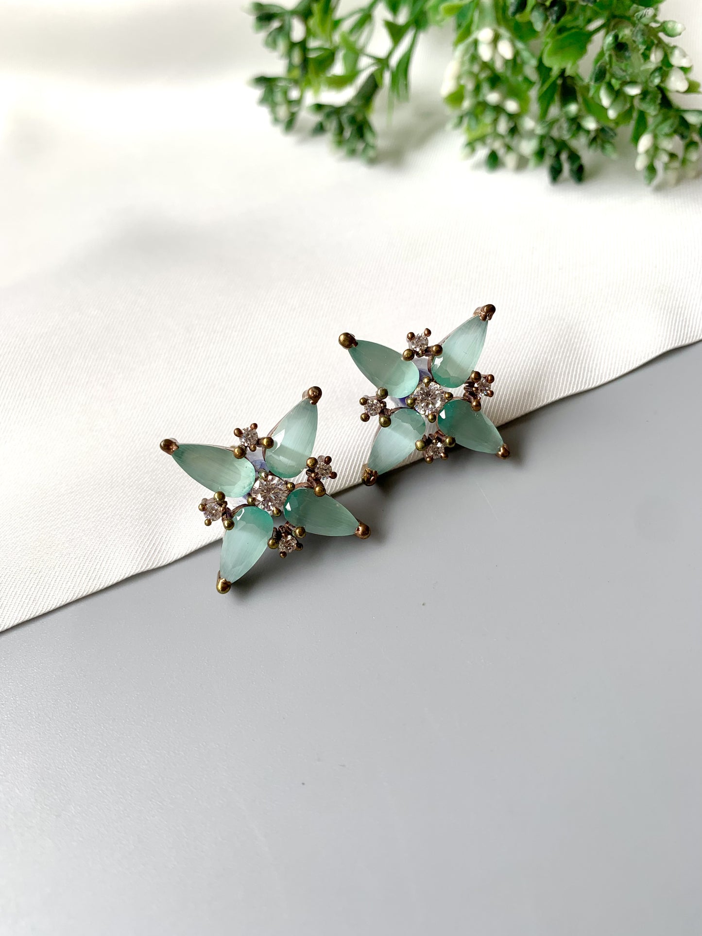 Celeste Bloom Studs in mint onyx and American Diamonds – side angle