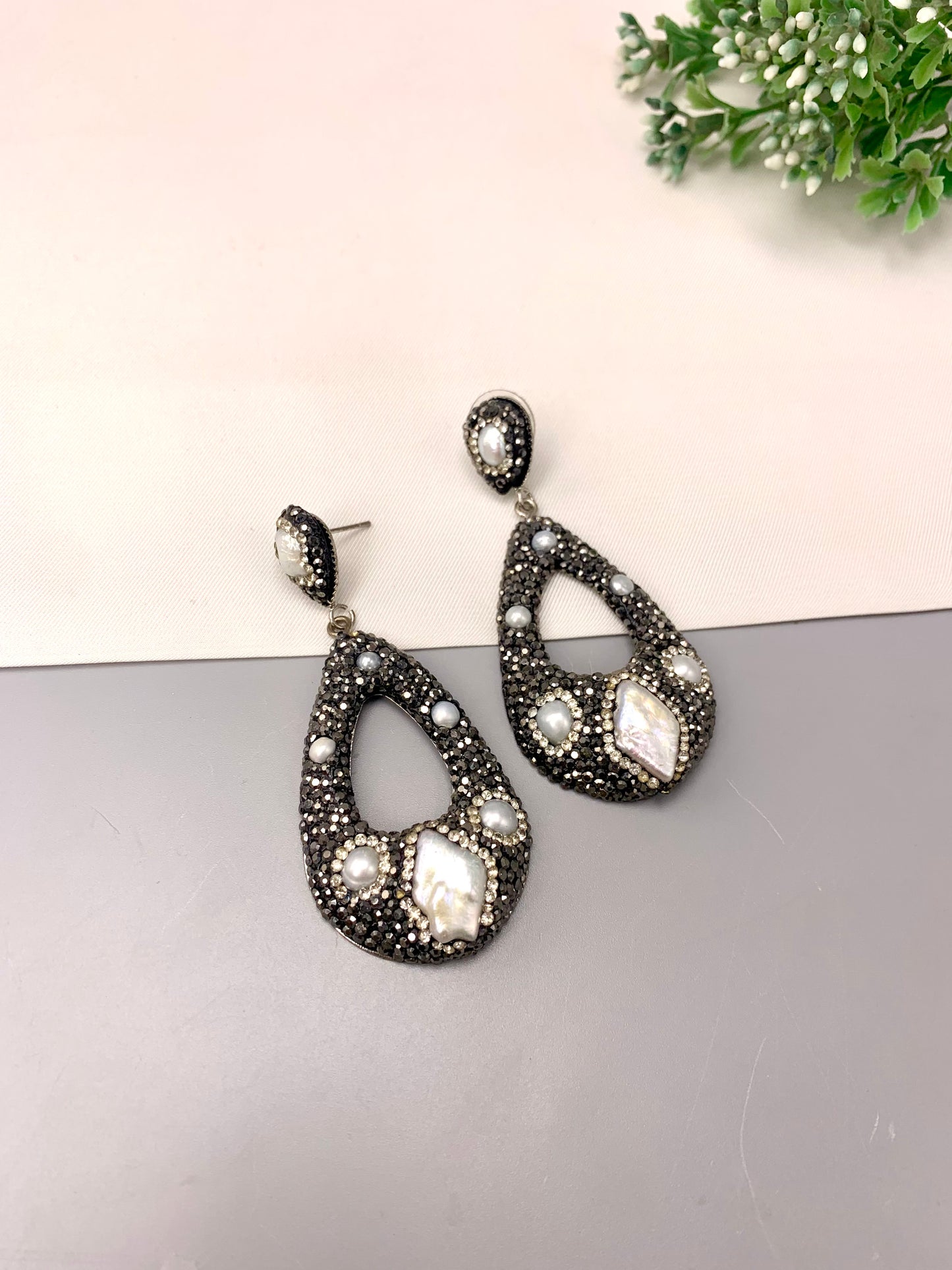 Cibel handcrafted silver plated earrings with crystals, marcasite, pearls, available in Black and Feroza variants