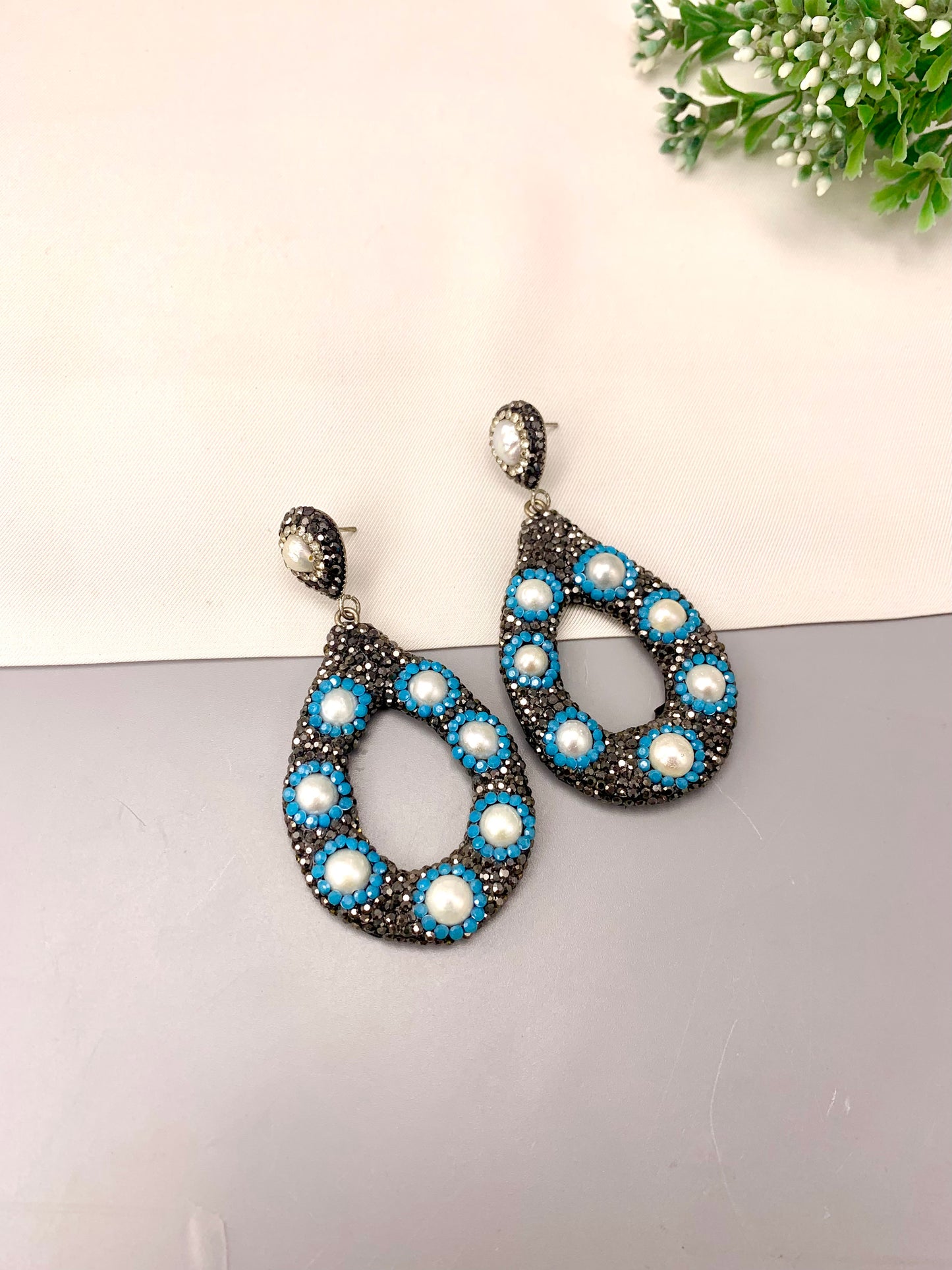 Cibel handcrafted silver plated earrings with crystals, marcasite, pearls, available in Black and Feroza variants