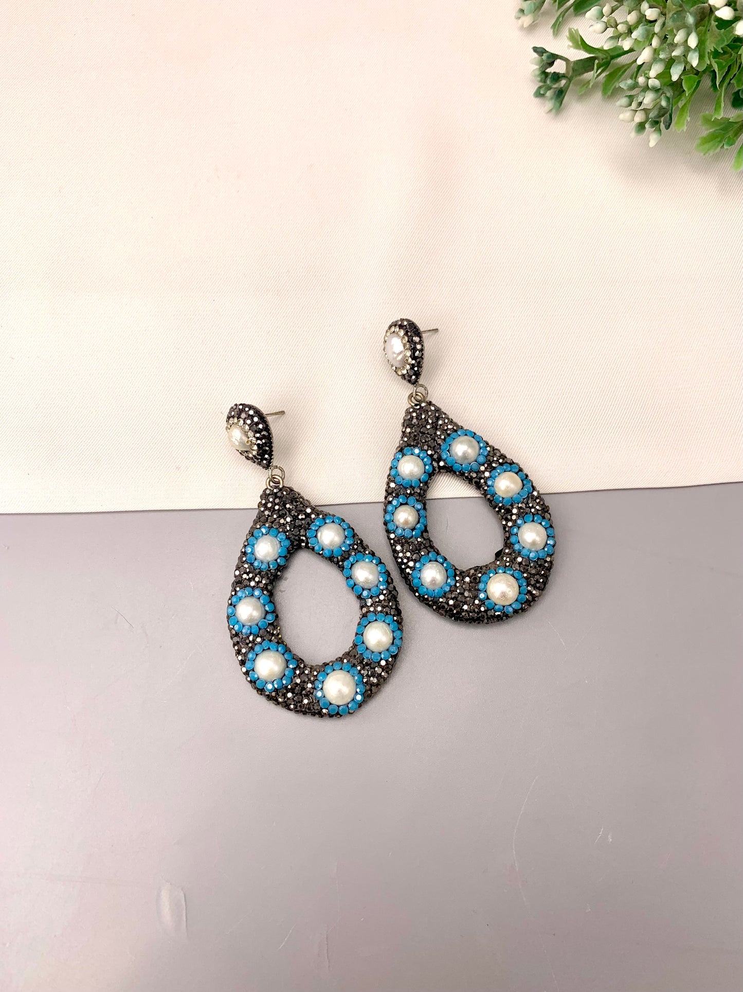 Cibel handcrafted silver plated earrings with crystals, marcasite, pearls, available in Black and Feroza variants