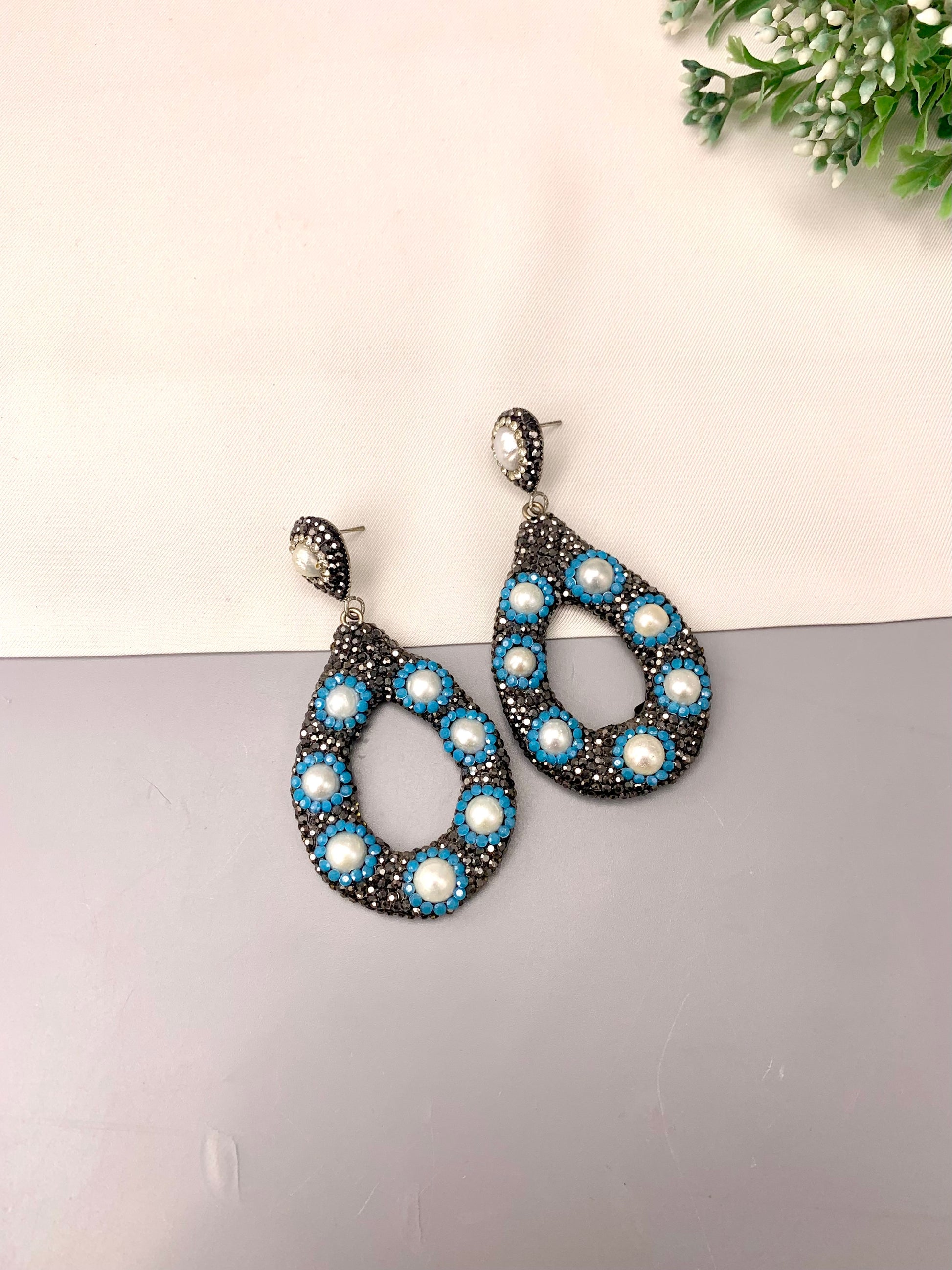 Cibel handcrafted silver plated earrings with crystals, marcasite, pearls, available in Black and Feroza variants