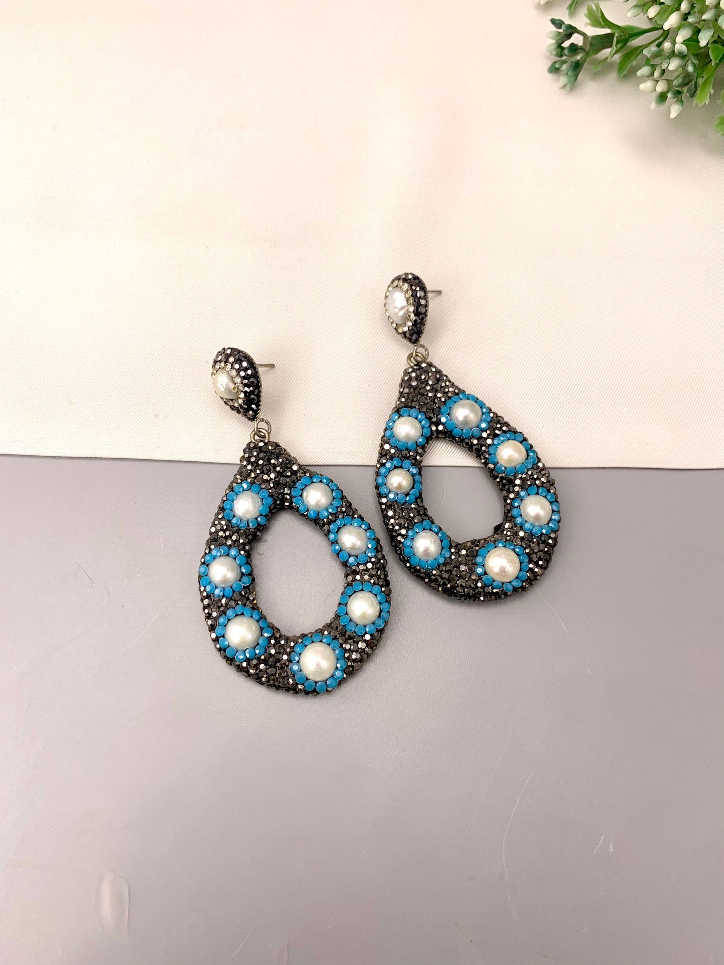 Cibel handcrafted silver plated earrings with crystals, marcasite, pearls, available in Black and Feroza variants