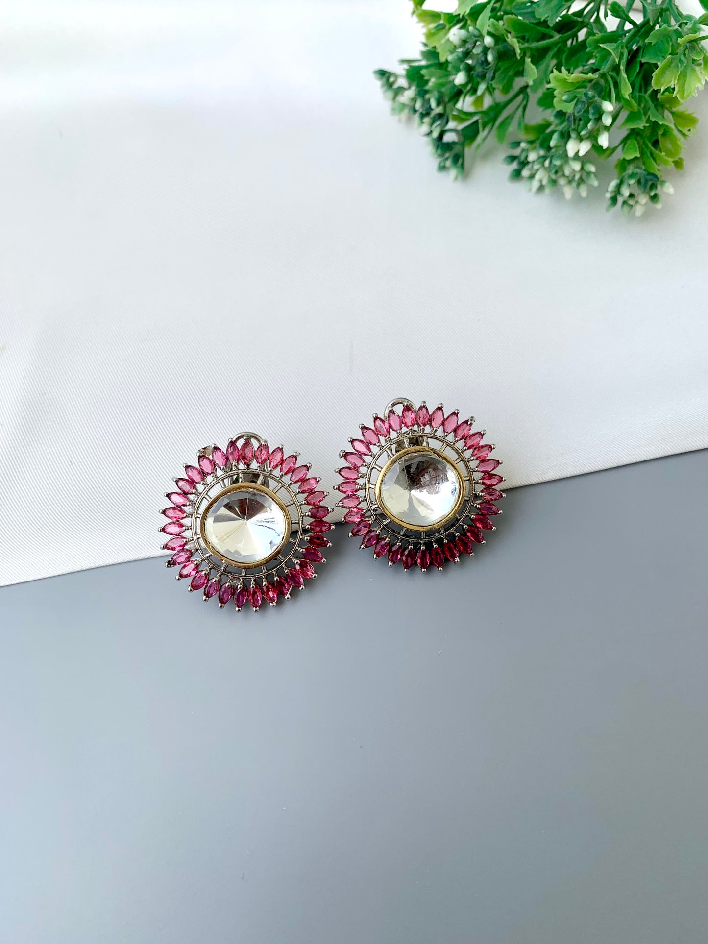Cila ruby polki kundan studs in rhodium plating with semi precious gemstone