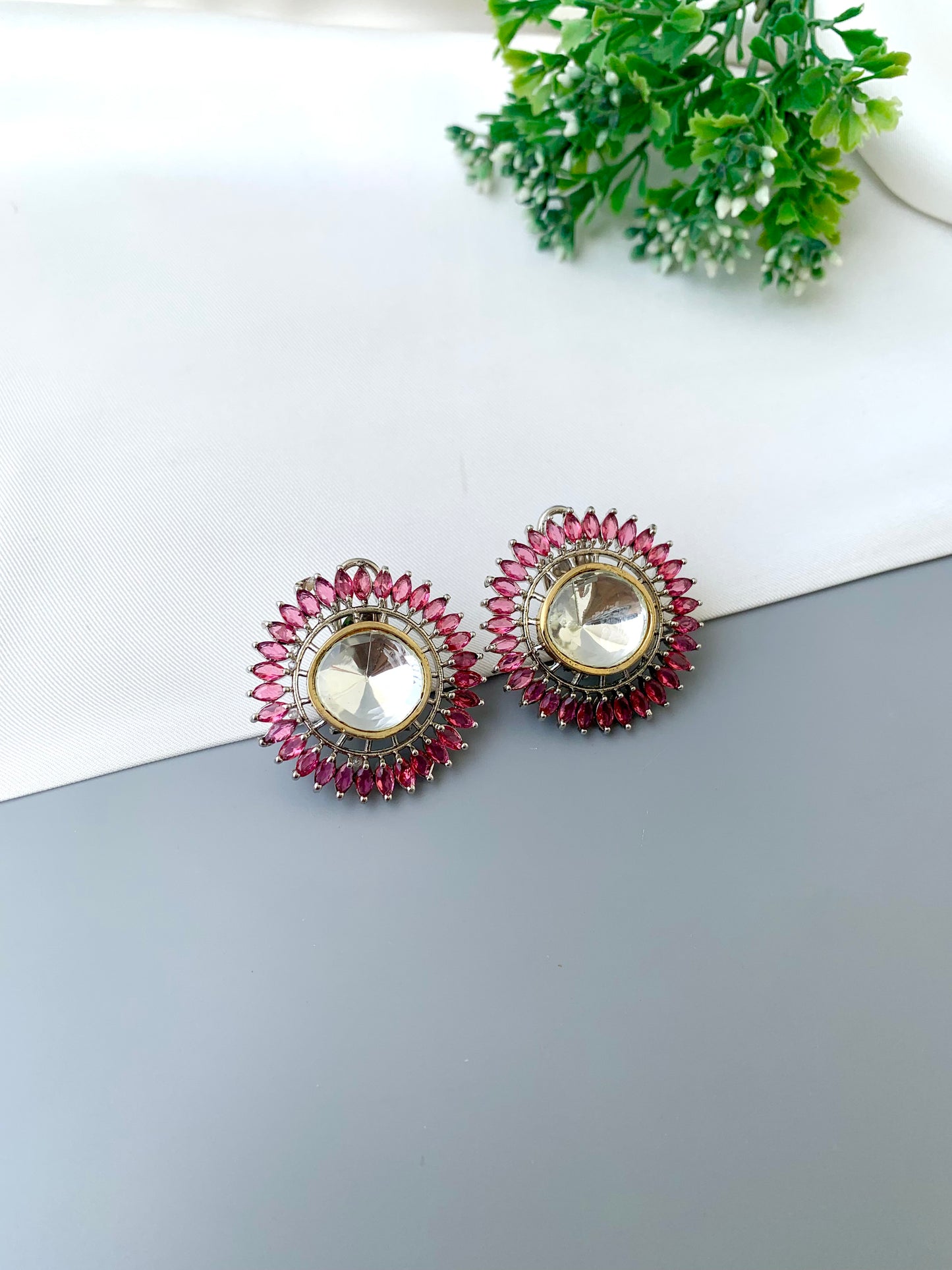 Cila ruby polki kundan studs in rhodium plating with semi precious gemstone
