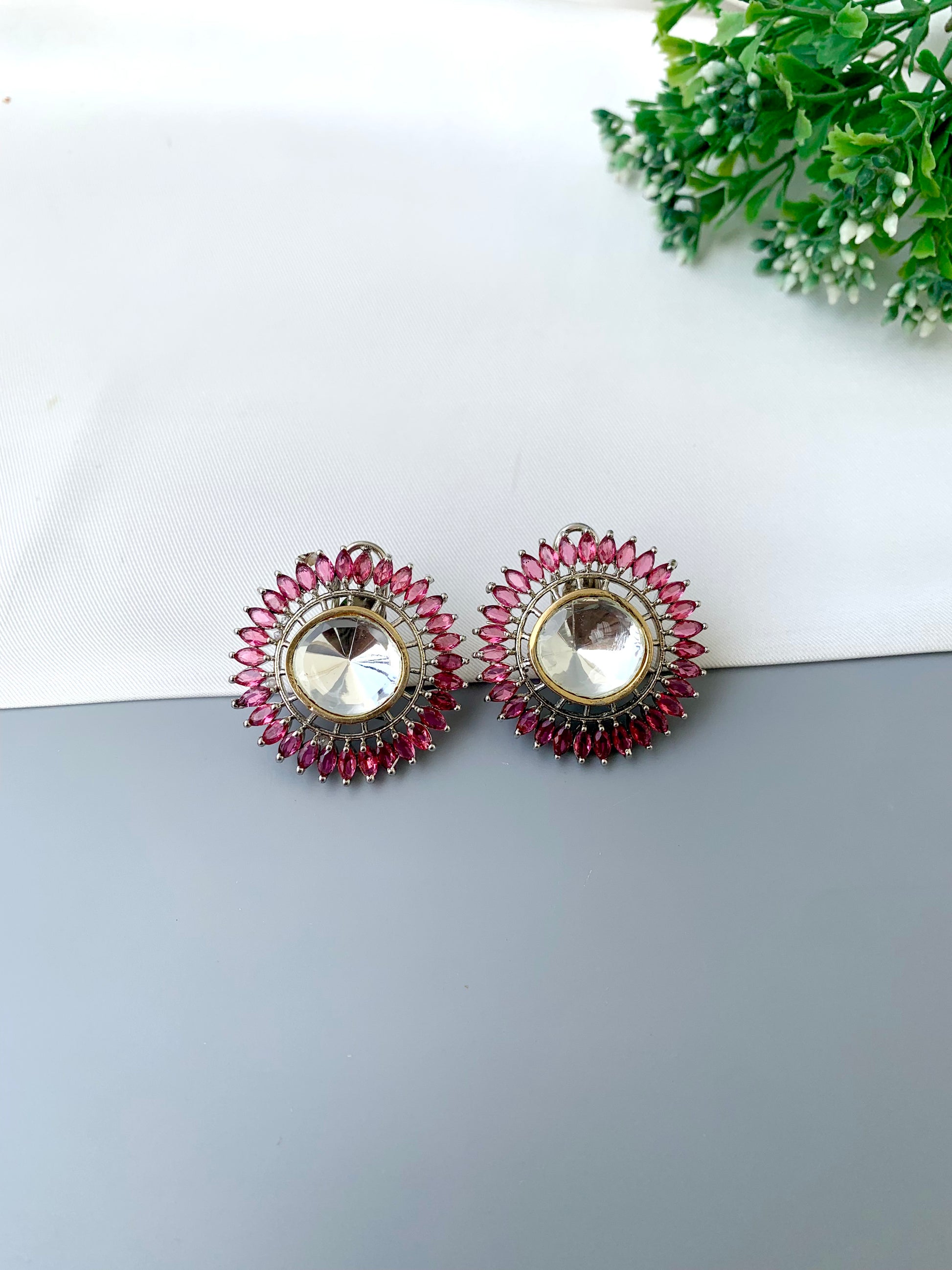 Cila ruby polki kundan studs in rhodium plating with semi precious gemstone