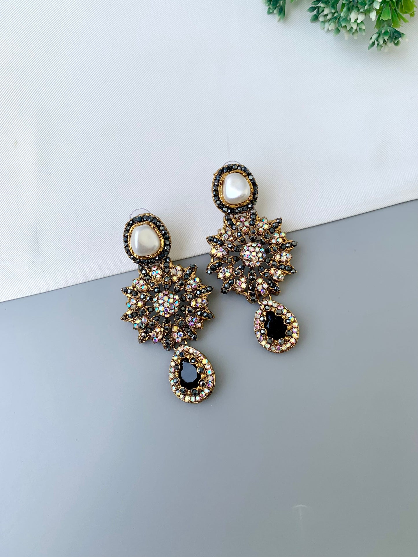 Deran black Victorian earrings with American diamonds, pearl stud and teardrop gemstone