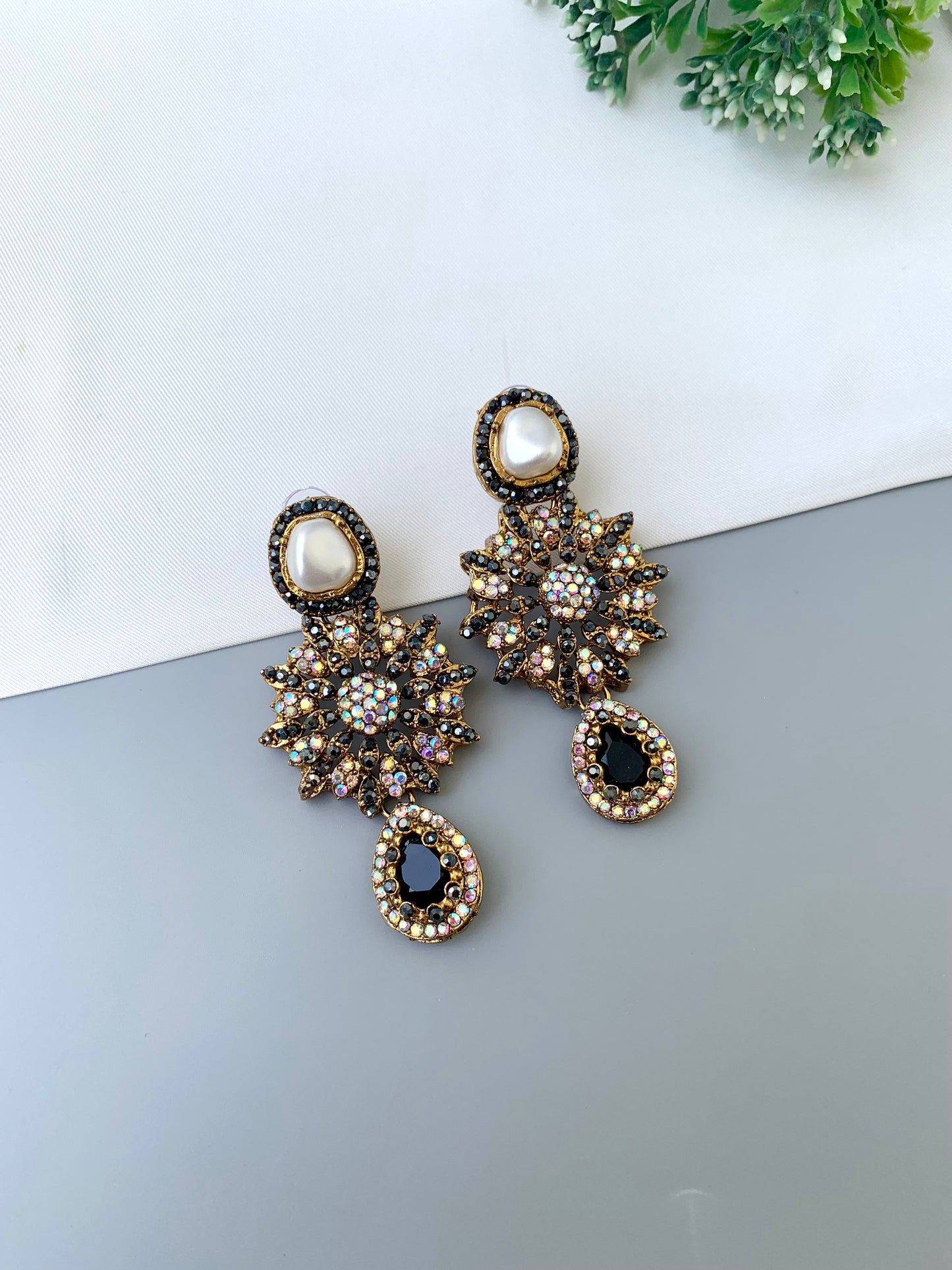 Deran black Victorian earrings with American diamonds, pearl stud and teardrop gemstone