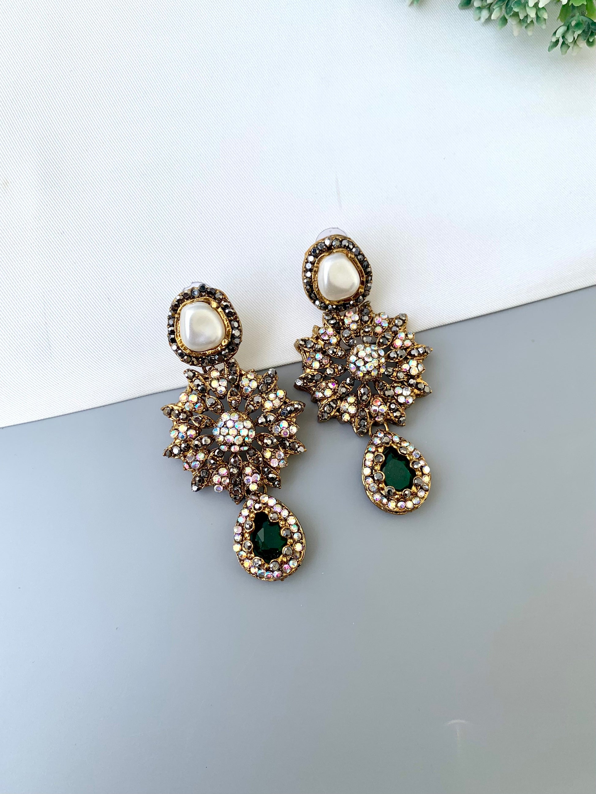 Deran emerald Victorian earrings with American diamonds, pearl stud and teardrop gemstone