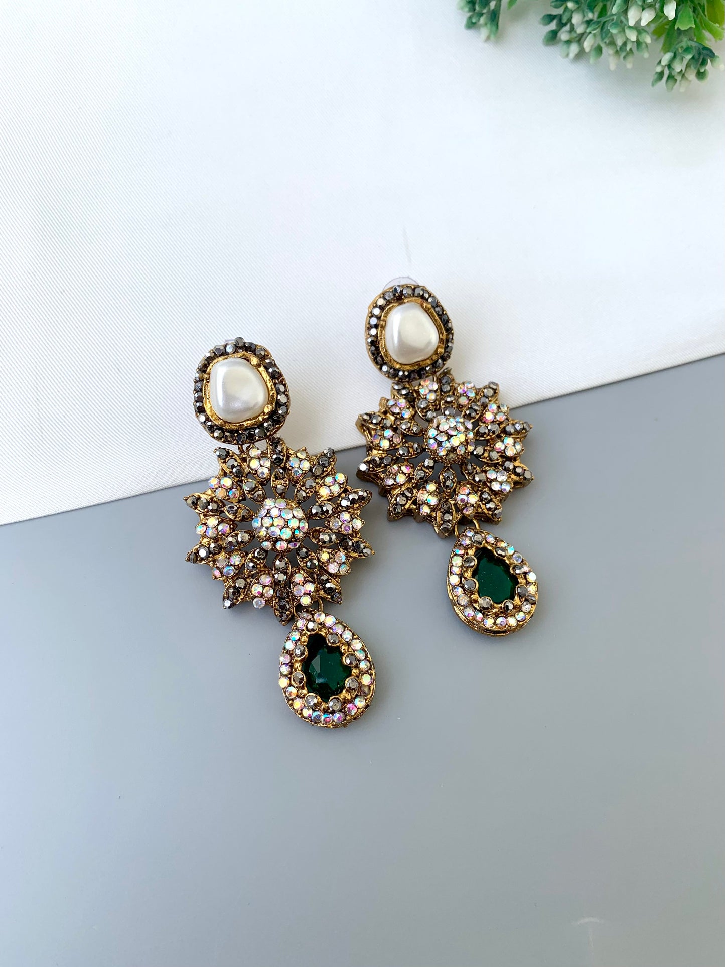 Deran emerald Victorian earrings with American diamonds, pearl stud and teardrop gemstone