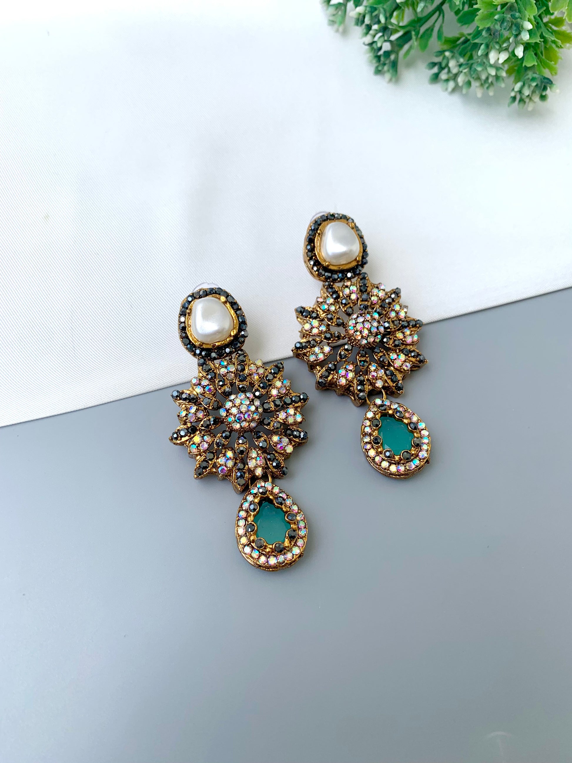 Deran mint Victorian earrings with American diamonds, pearl stud and teardrop gemstone