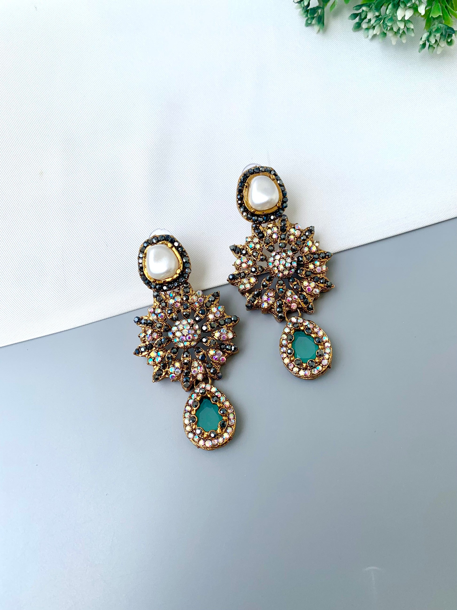 Deran mint Victorian earrings with American diamonds, pearl stud and teardrop gemstone