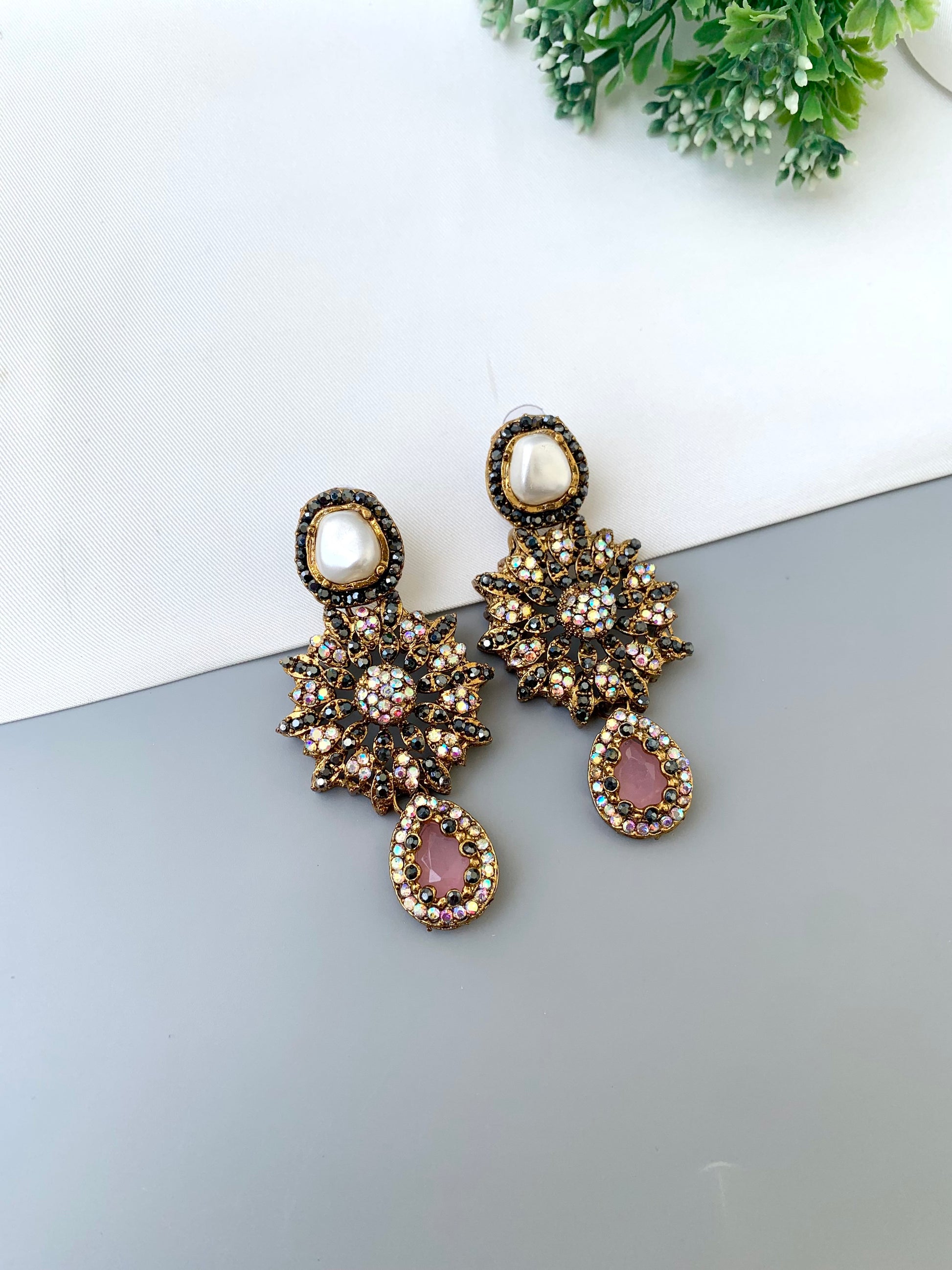 Deran pink Victorian earrings with American diamonds, pearl stud and teardrop gemstone