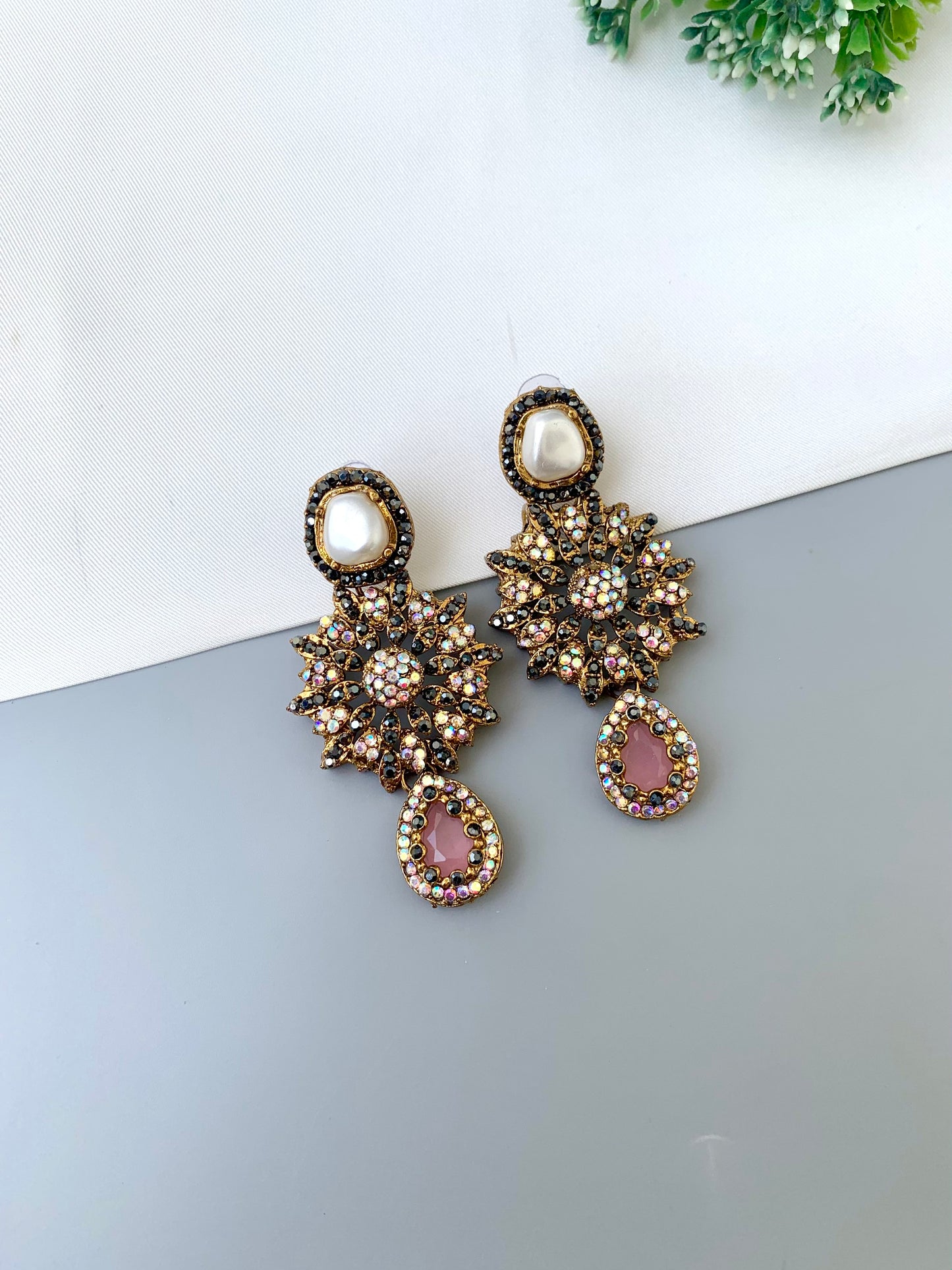 Deran pink Victorian earrings with American diamonds, pearl stud and teardrop gemstone