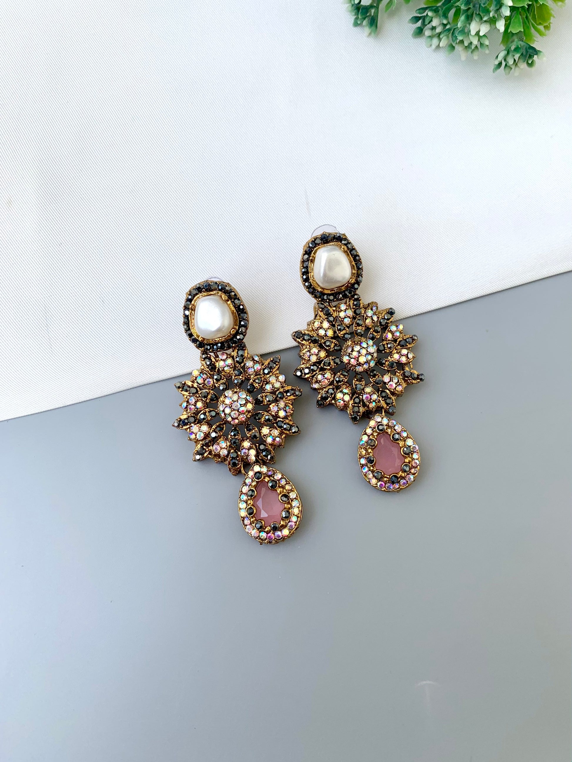 Deran pink Victorian earrings with American diamonds, pearl stud and teardrop gemstone