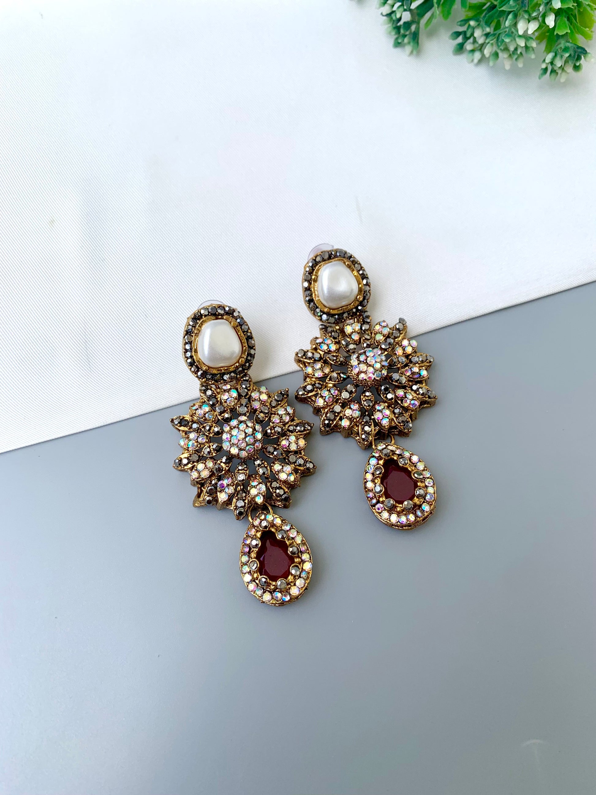 Deran ruby Victorian earrings with American diamonds, pearl stud and teardrop gemstone
