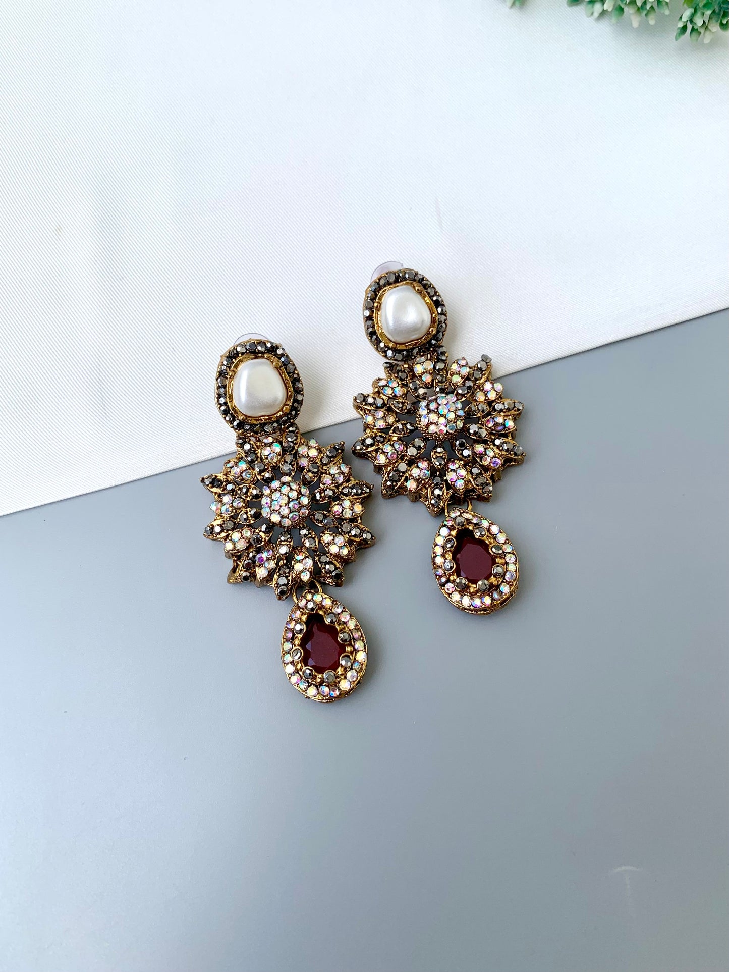 Deran ruby Victorian earrings with American diamonds, pearl stud and teardrop gemstone