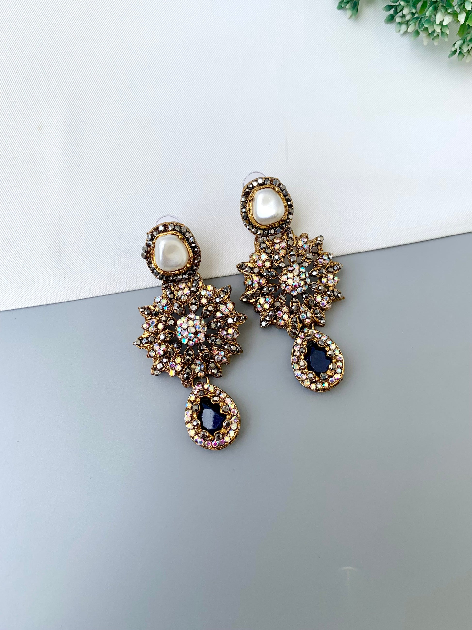 Deran sapphire Victorian earrings with American diamonds, pearl stud and teardrop gemstone
